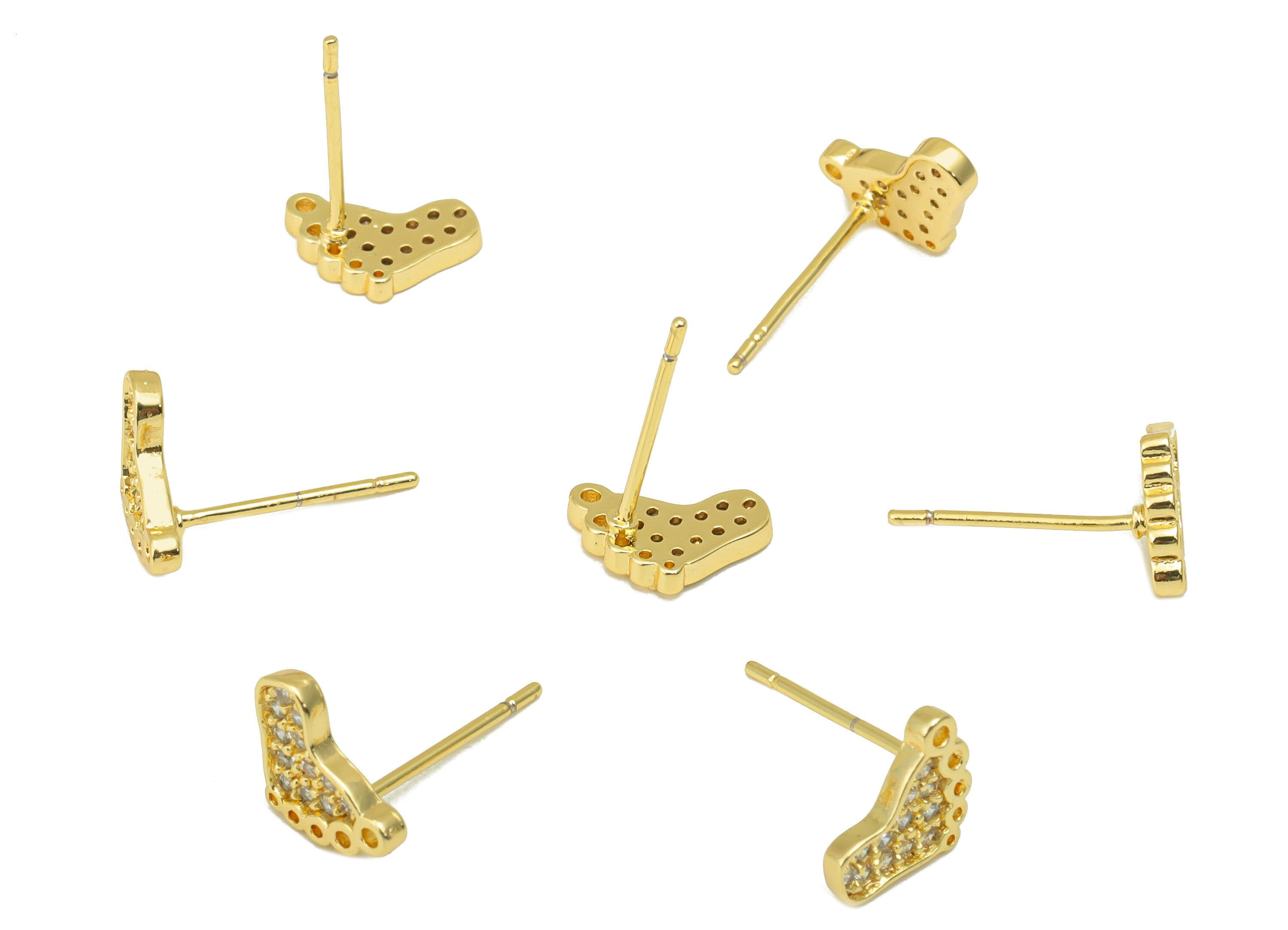 Brass Foot Earring Stud - Baby Foot Earring Post - Mini Baby Cubic Zirconia Stud- Stainless Steel - 18K Real Gold Plated-9x8x1.35mm- RGP6417 - DOMEDBAZAAR