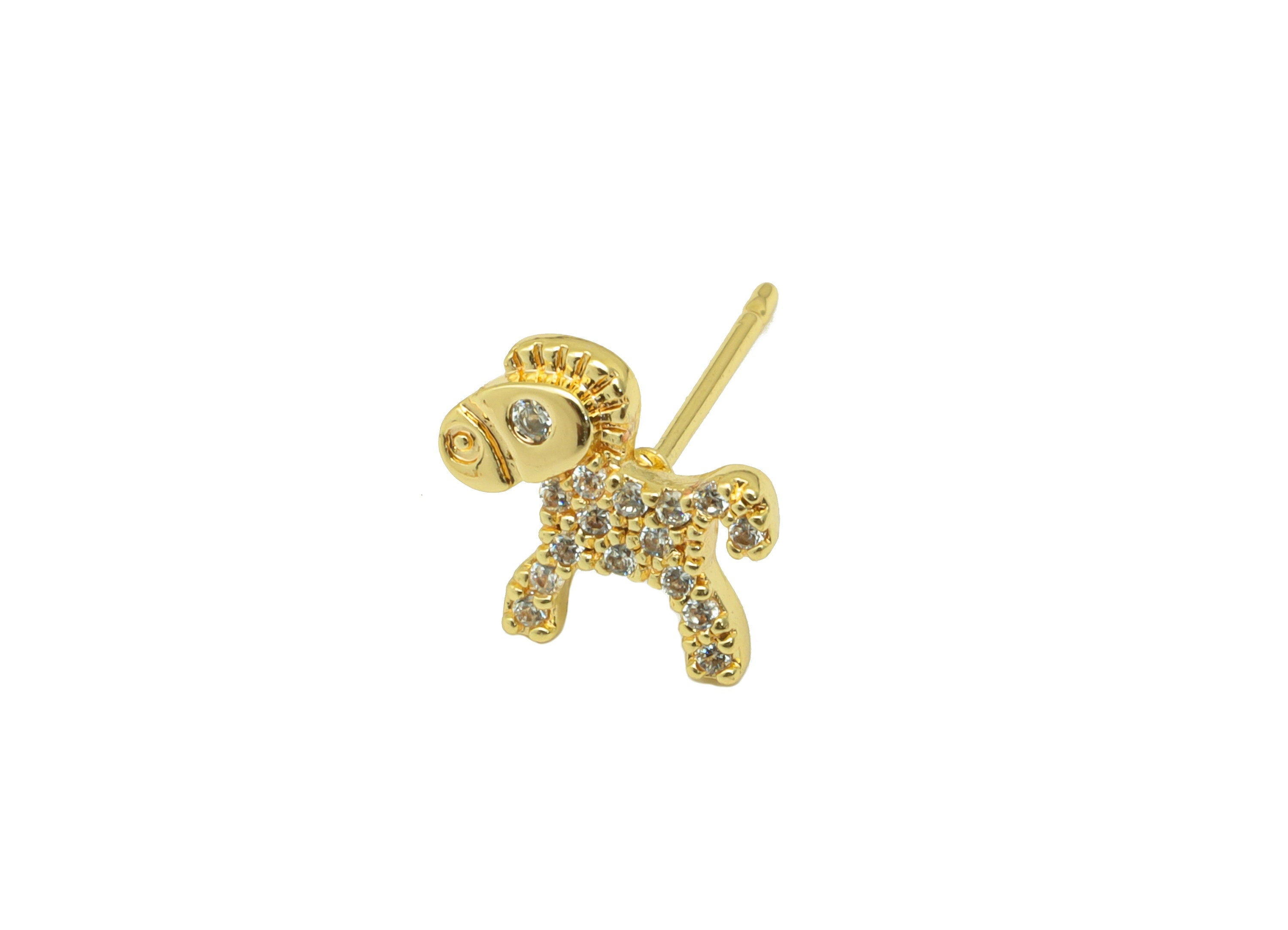 Brass Horse Earring Stud - Donkey Earring Post - Animal Cubic Zirconia Stud- Stainless Steel - 18K Real Gold Plated-10x9x2mm- RGP6416 - DOMEDBAZAAR