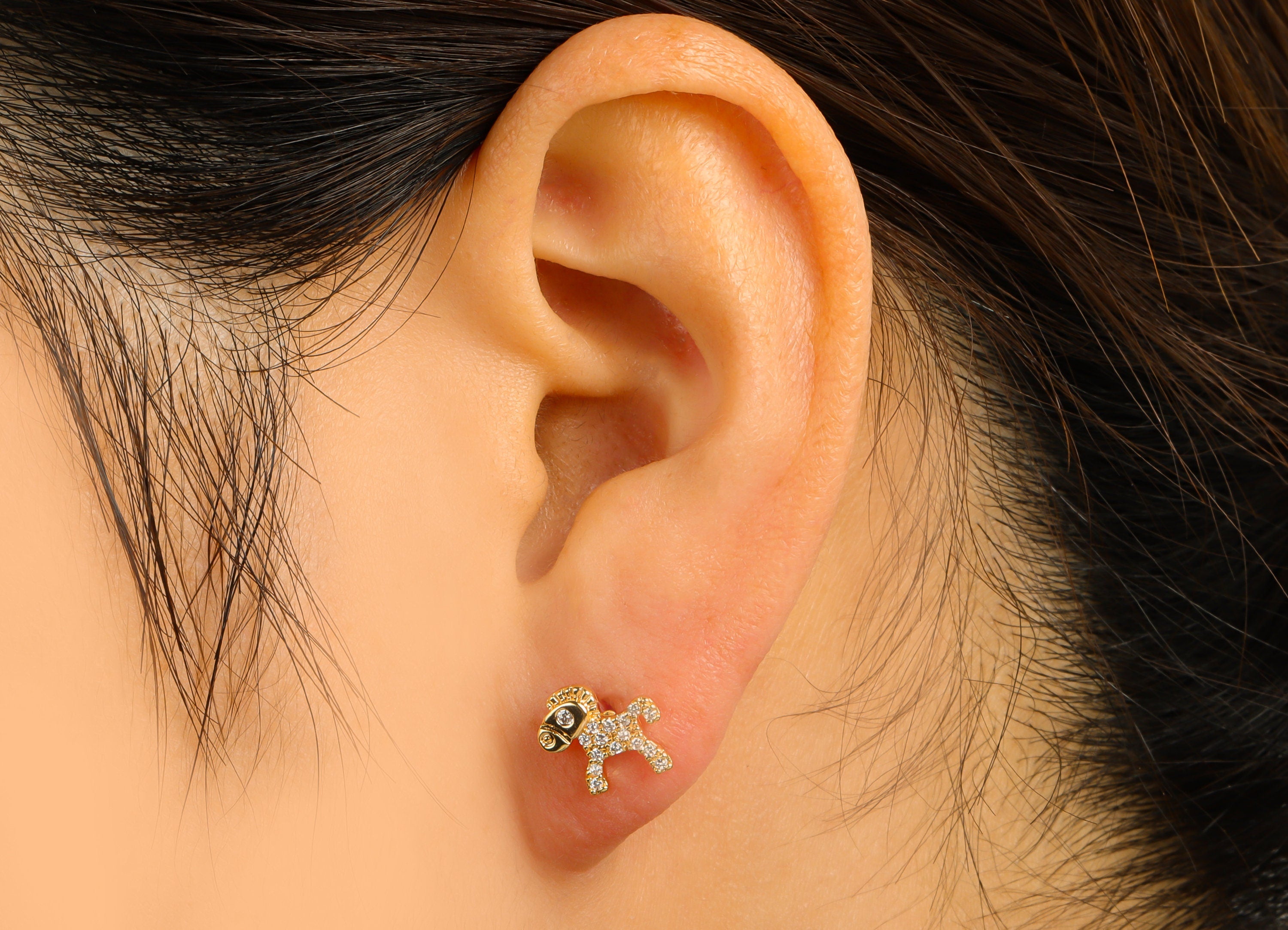 Brass Horse Earring Stud - Donkey Earring Post - Animal Cubic Zirconia Stud- Stainless Steel - 18K Real Gold Plated-10x9x2mm- RGP6416 - DOMEDBAZAAR