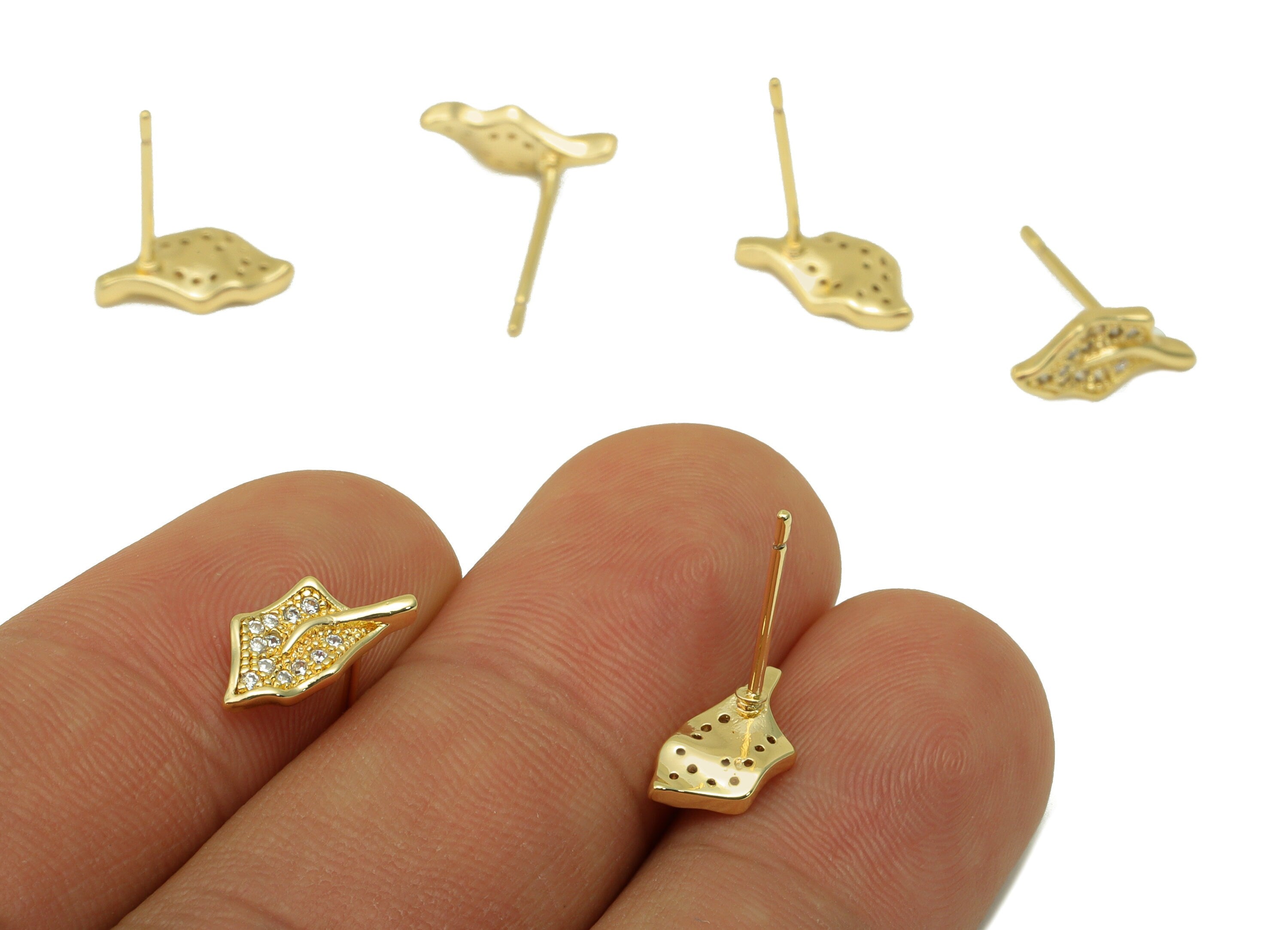 Brass Leaf Earring Stud - Holly Holm oak Earring Post - Cubic Zirconia Stud- Stainless Steel - 18K Real Gold Plated - 12x6 x 1.72mm- RGP6466 - DOMEDBAZAAR