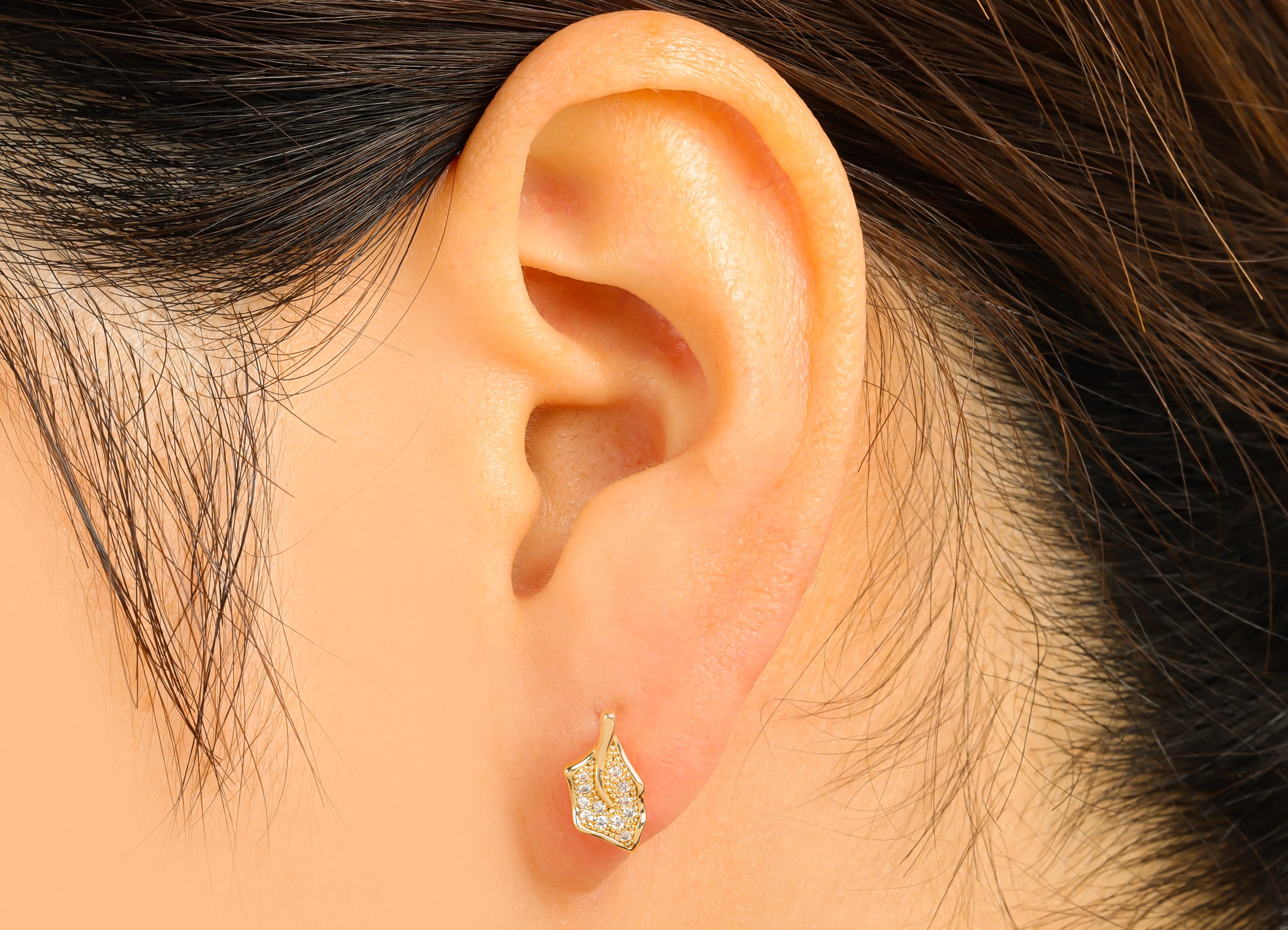 Brass Leaf Earring Stud - Holly Holm oak Earring Post - Cubic Zirconia Stud- Stainless Steel - 18K Real Gold Plated - 12x6 x 1.72mm- RGP6466 - DOMEDBAZAAR