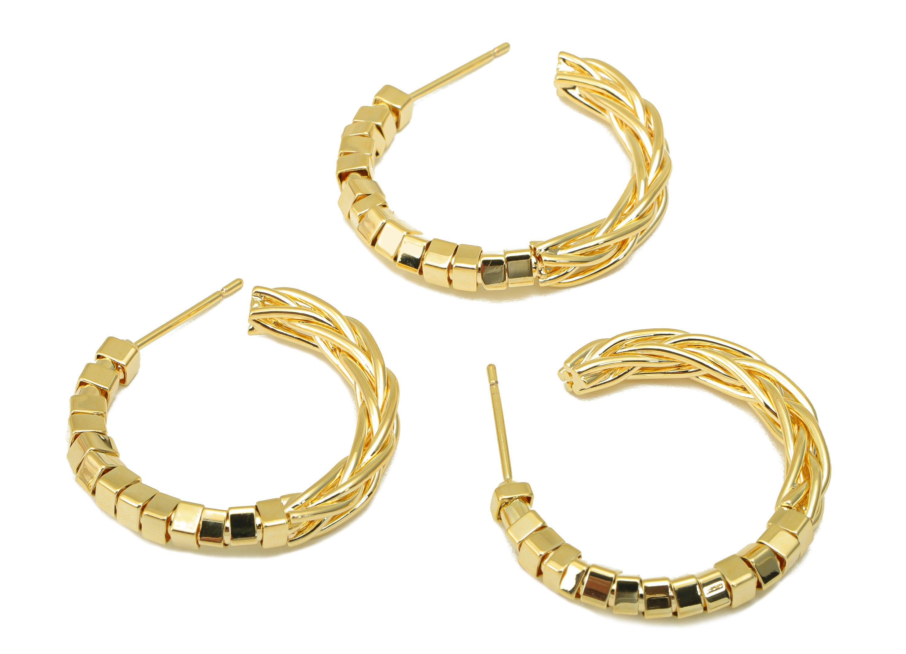 Brass Open Hoop C Earring Stud - Cube Weave Wire Earring Post - Beaded Hoop Earring Stud - 18K Real Gold Plated -28.3x27x 3.6mm- RGP6441 - DOMEDBAZAAR