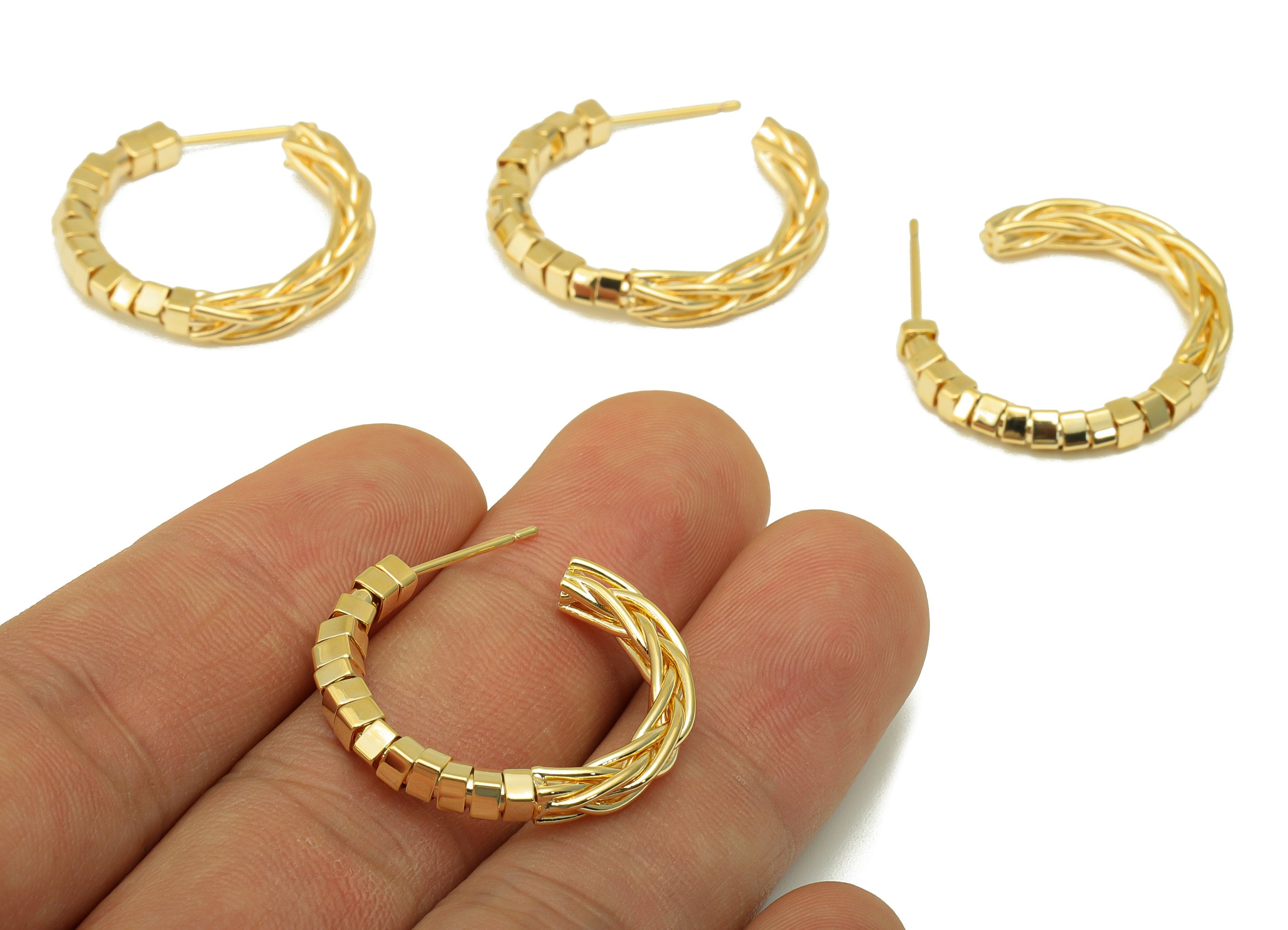 Brass Open Hoop C Earring Stud - Cube Weave Wire Earring Post - Beaded Hoop Earring Stud - 18K Real Gold Plated -28.3x27x 3.6mm- RGP6441 - DOMEDBAZAAR