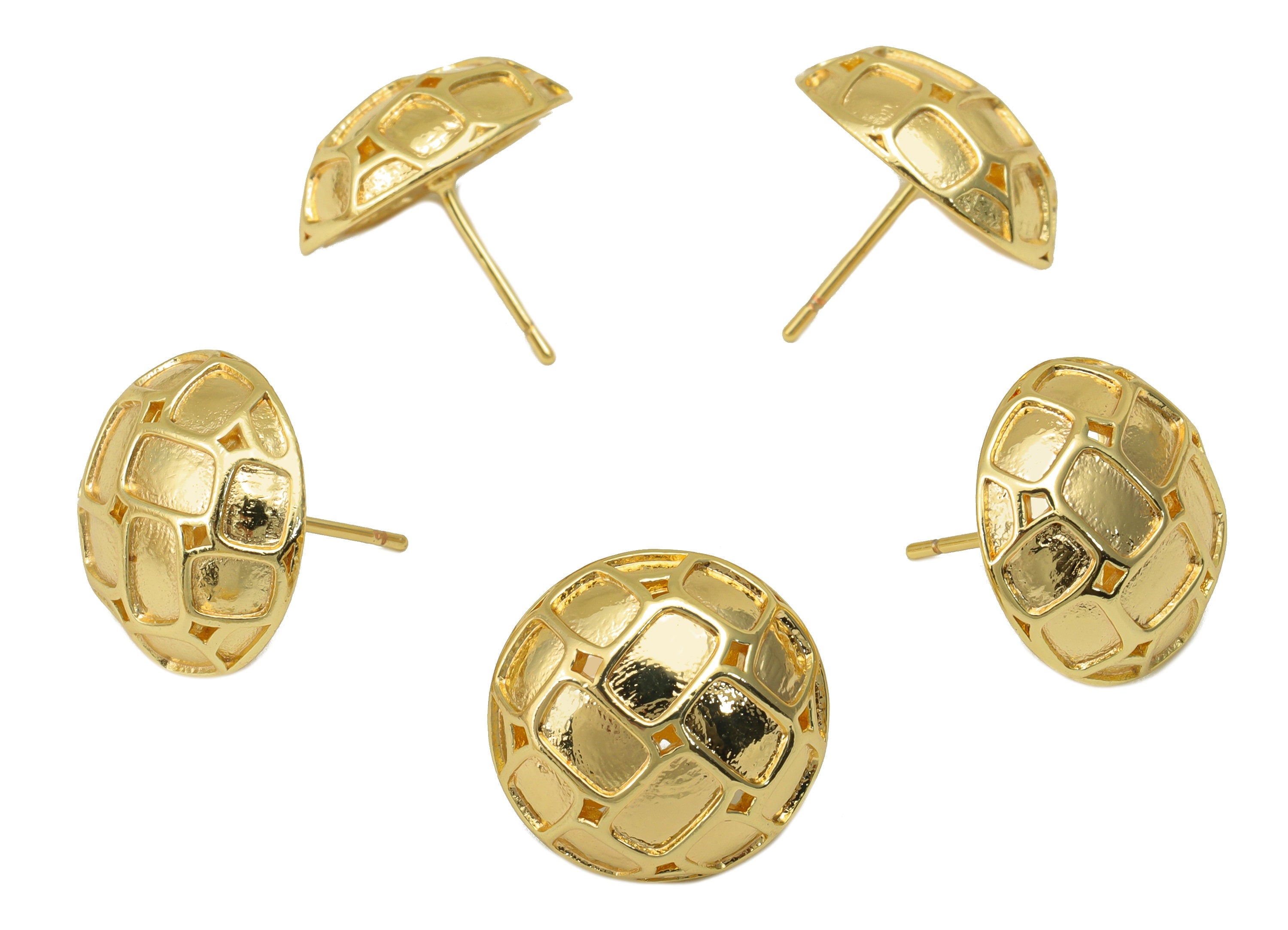 Brass Button Earring Stud - Hollow Flower Earring Post -Cubic Half Stud- Textured Earring Post - 18K Real Gold Plated -16x16x5mm- RGP6439 - DOMEDBAZAAR