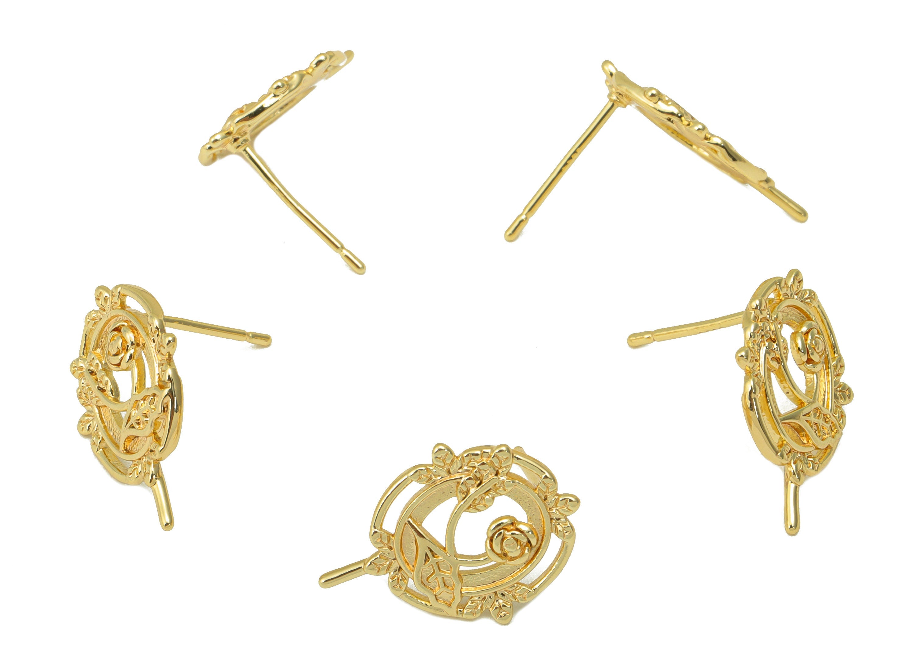 Brass Rose Fan Earring Stud - Flower Earring Post - Vintage Frame Looking Stud - Stainless Steel - 18K Real Gold Plated -18x13x2mm- RGP6473 - DOMEDBAZAAR