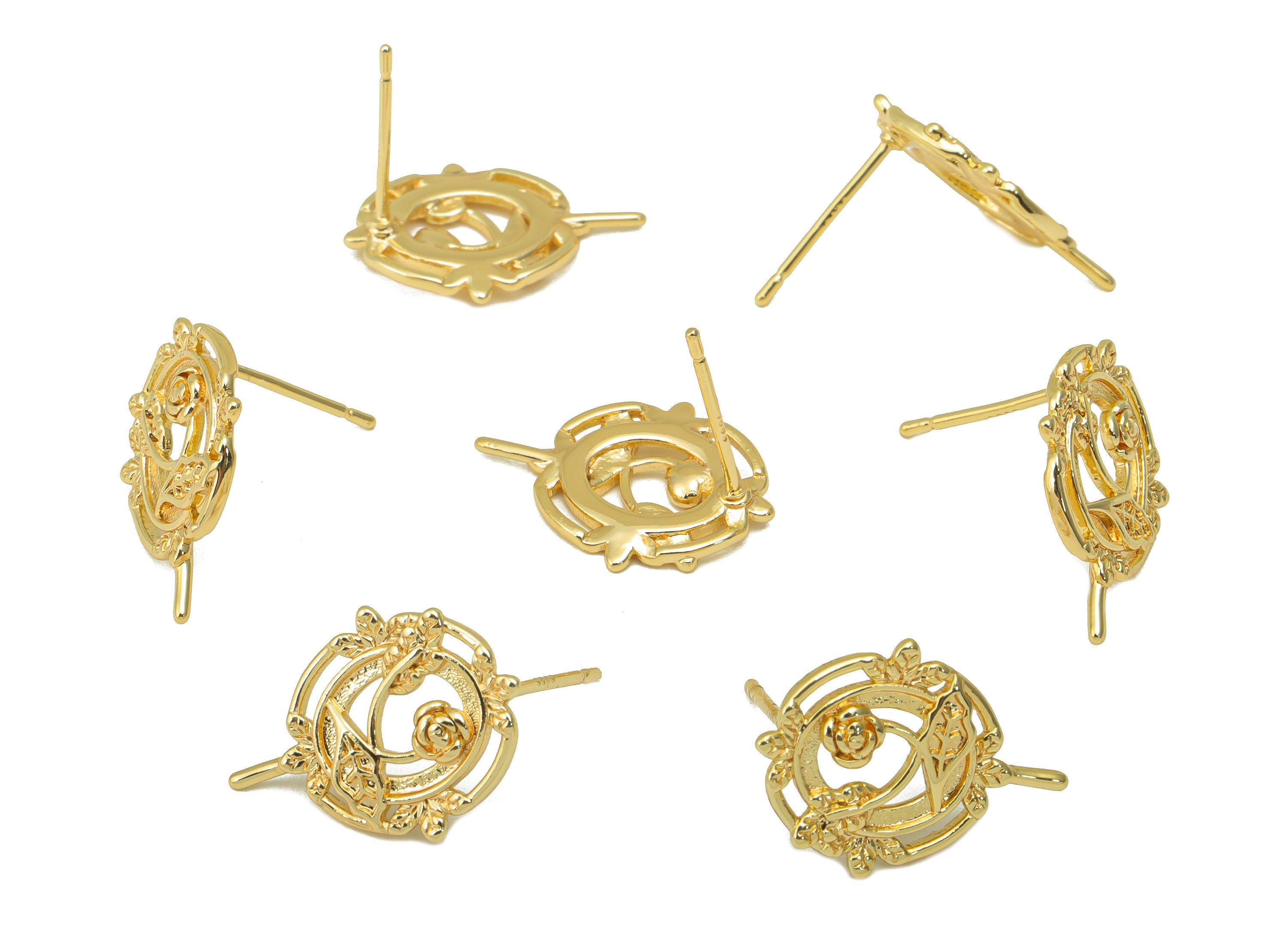 Brass Rose Fan Earring Stud - Flower Earring Post - Vintage Frame Looking Stud - Stainless Steel - 18K Real Gold Plated -18x13x2mm- RGP6473 - DOMEDBAZAAR
