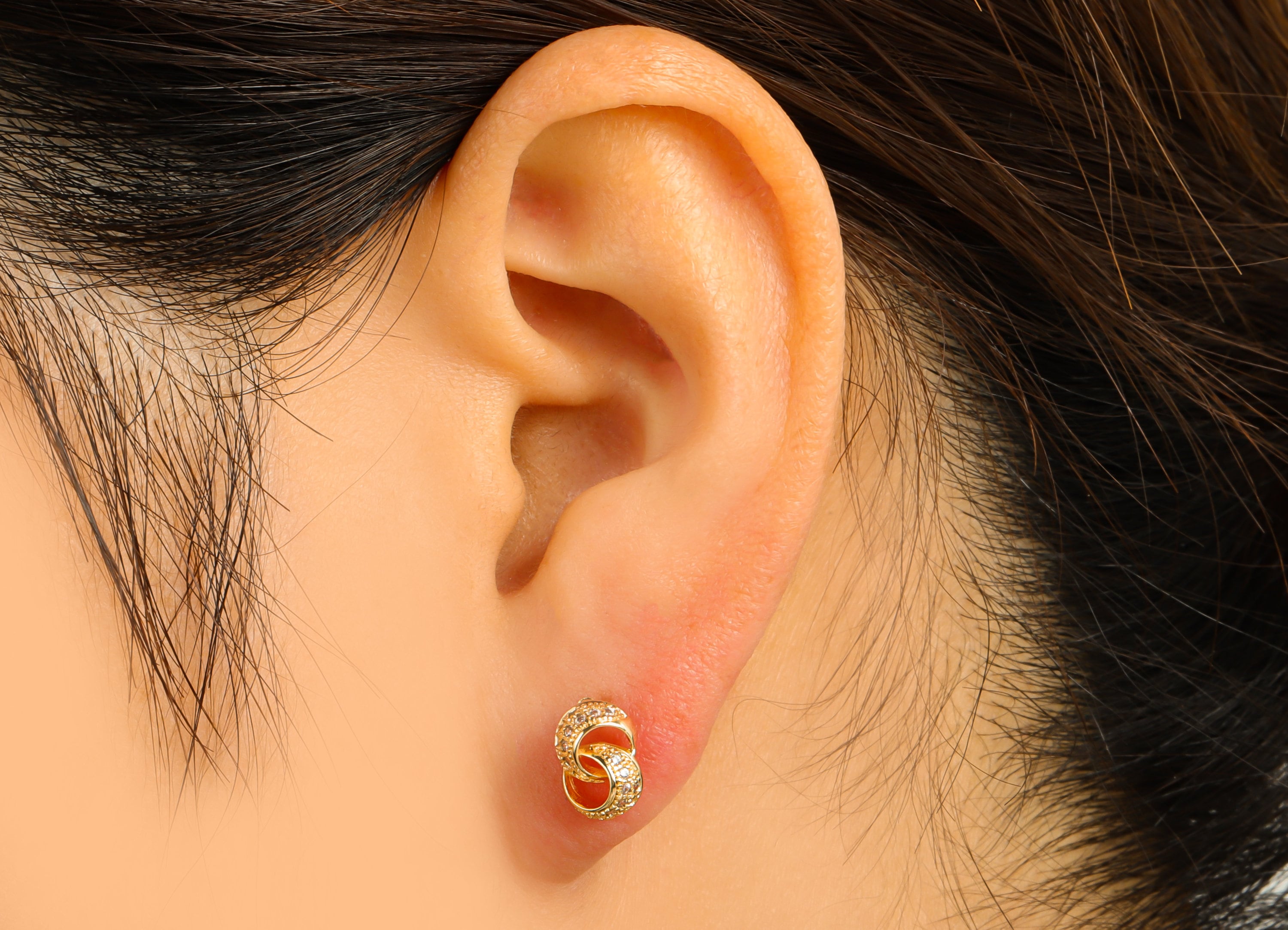 Brass Round Earring Stud - Circle Link Earring Post -Double Cubic Zirconia Stud - Infinity Post - 18K Real Gold Plated -10x6x2mm- RGP6420 - DOMEDBAZAAR