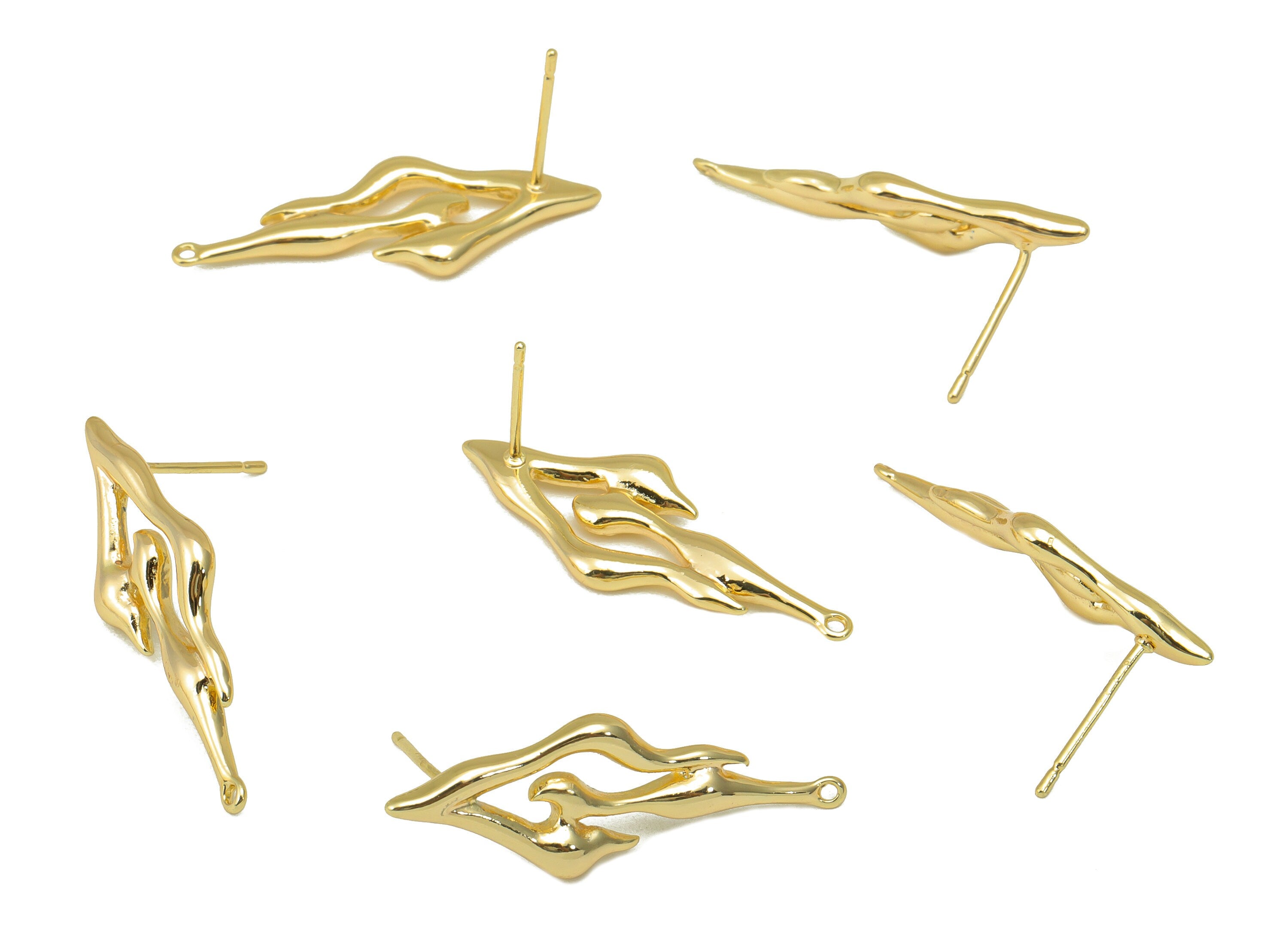 Brass Irregular Earring Stud - Burning Earring Post -Melting Stud With Loop -Melting Gold Earring - 18K Real Gold Plated -30x11x2mm- RGP6440 - DOMEDBAZAAR