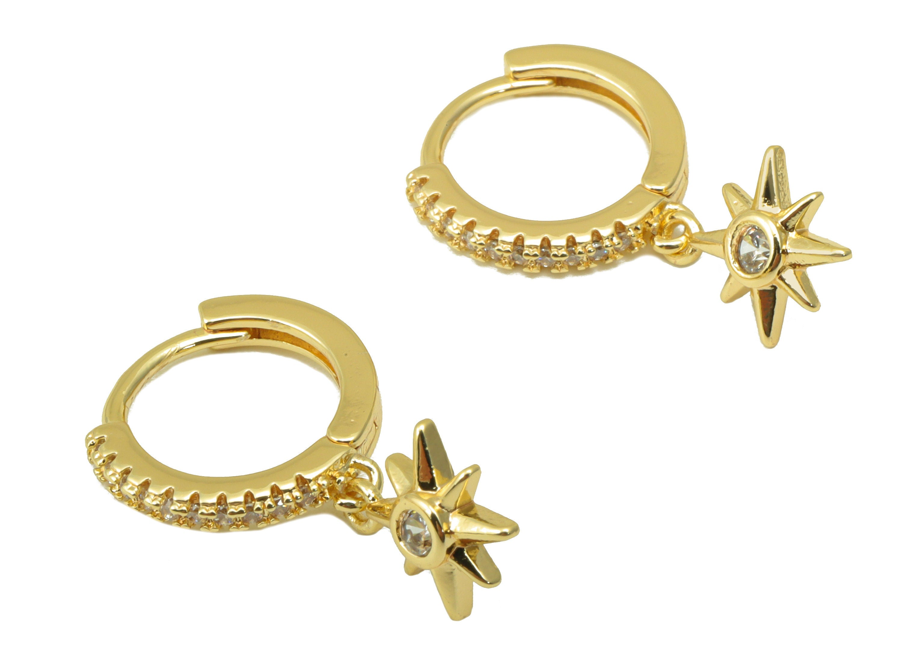 Brass North Star Earring Clasp - Brass Hoop Clasp -Star Huggie Hoop Clasp -Cubic Zirconia Clasp - 18K Real Gold Plated -23x13x1.8mm- RGP6472 - DOMEDBAZAAR