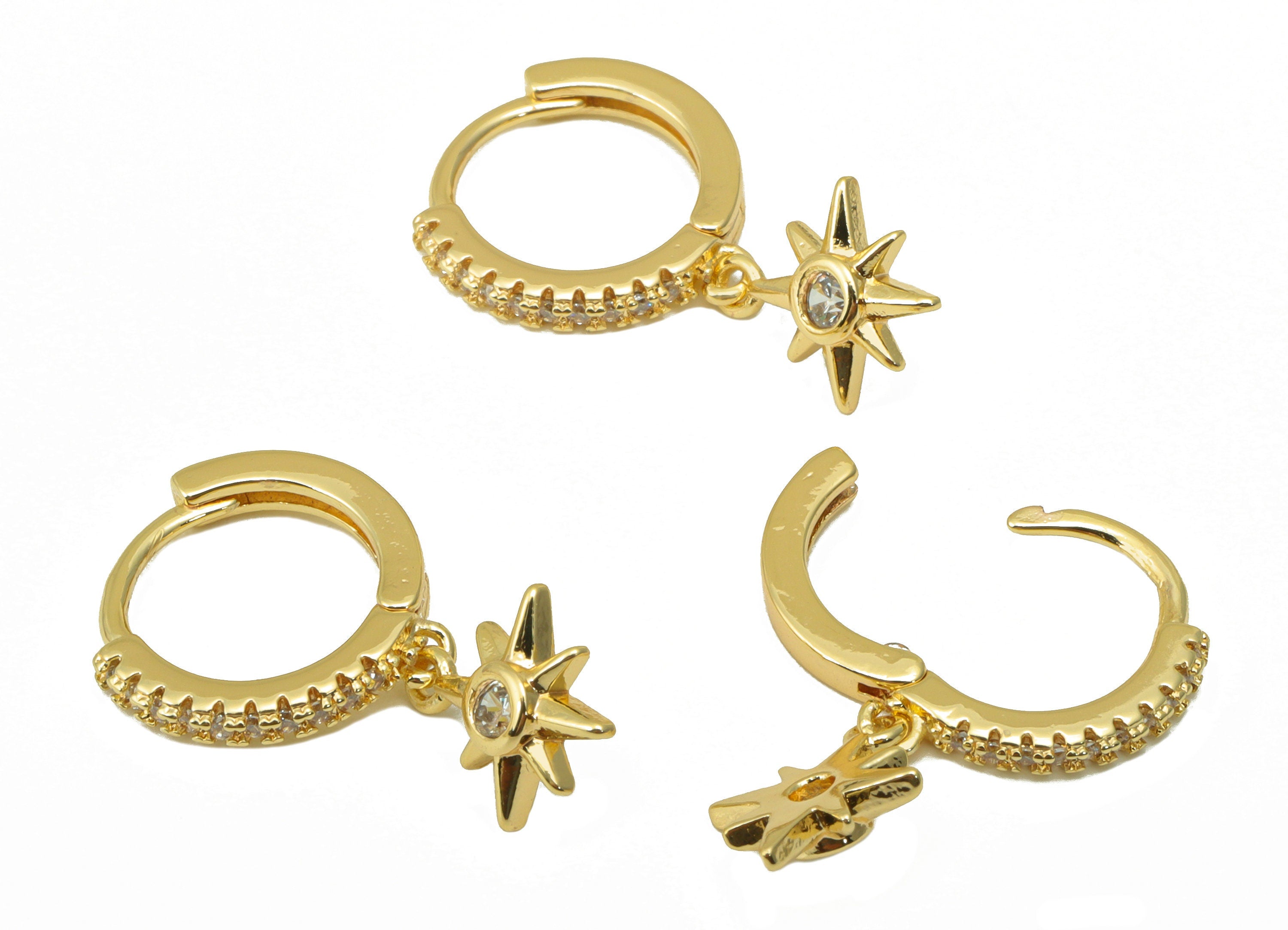 Brass North Star Earring Clasp - Brass Hoop Clasp -Star Huggie Hoop Clasp -Cubic Zirconia Clasp - 18K Real Gold Plated -23x13x1.8mm- RGP6472 - DOMEDBAZAAR
