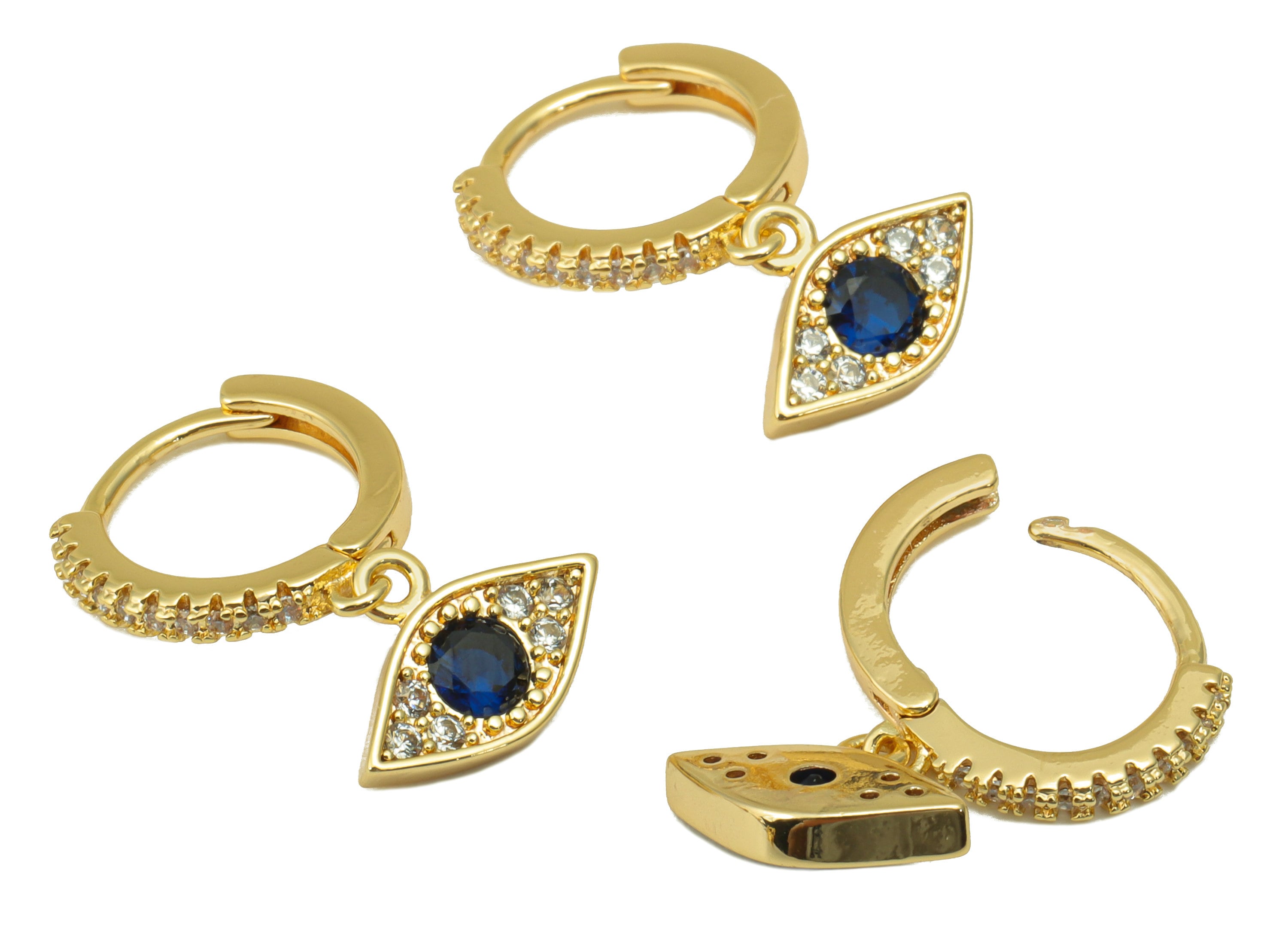 Brass Eye Earring Clasp - Brass Hoop Clasp - Blue Eye Huggie Hoop Clasp - Cubic Zirconia Clasp - 18K Real Gold Plated -21x13x1.9mm- RGP6459 - DOMEDBAZAAR