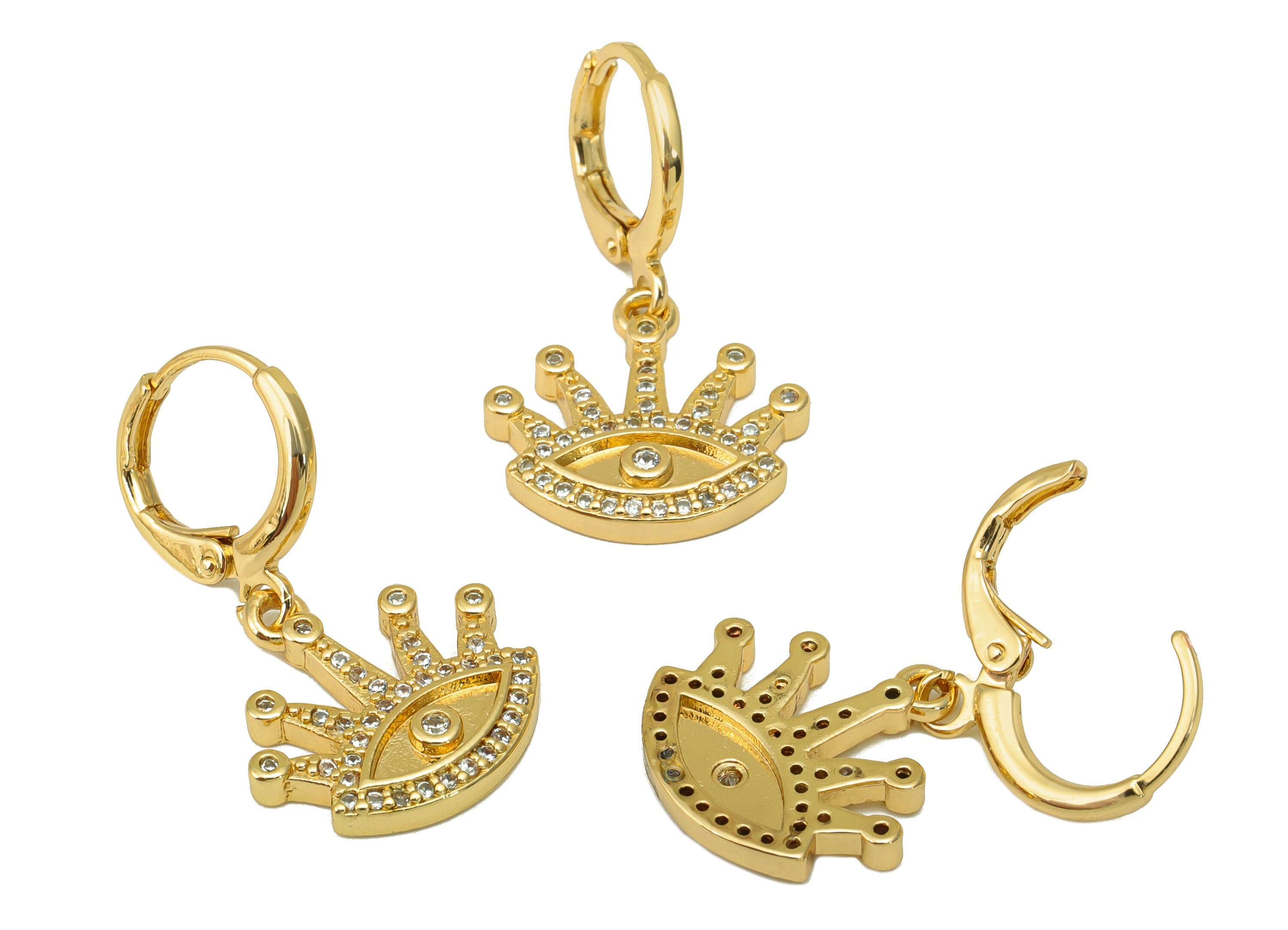Brass Eye Earring Clasp - Brass Hoop Clasp - Eyelash Huggie Hoop Clasp - Lever back CZ Clasp - 18K Real Gold Plated -29x16x2.32mm- RGP6671 - DOMEDBAZAAR