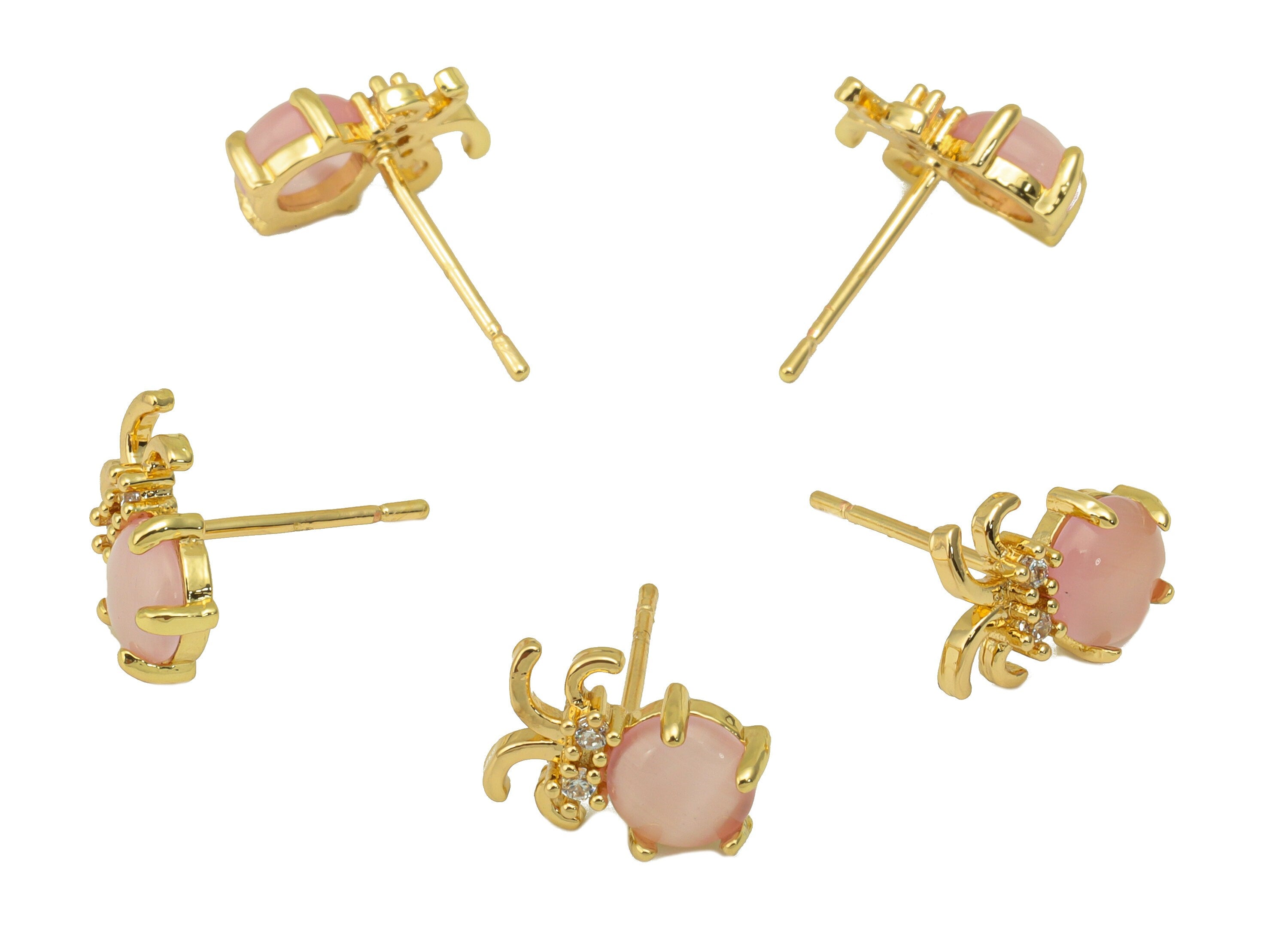 Brass Pink Jade Earring Stud - Insect Earring Post - Brass Fruit Earring Post - Cubic Zirconia - 18K Real Gold Plated -11x8x3.58mm- RGP6682 - DOMEDBAZAAR