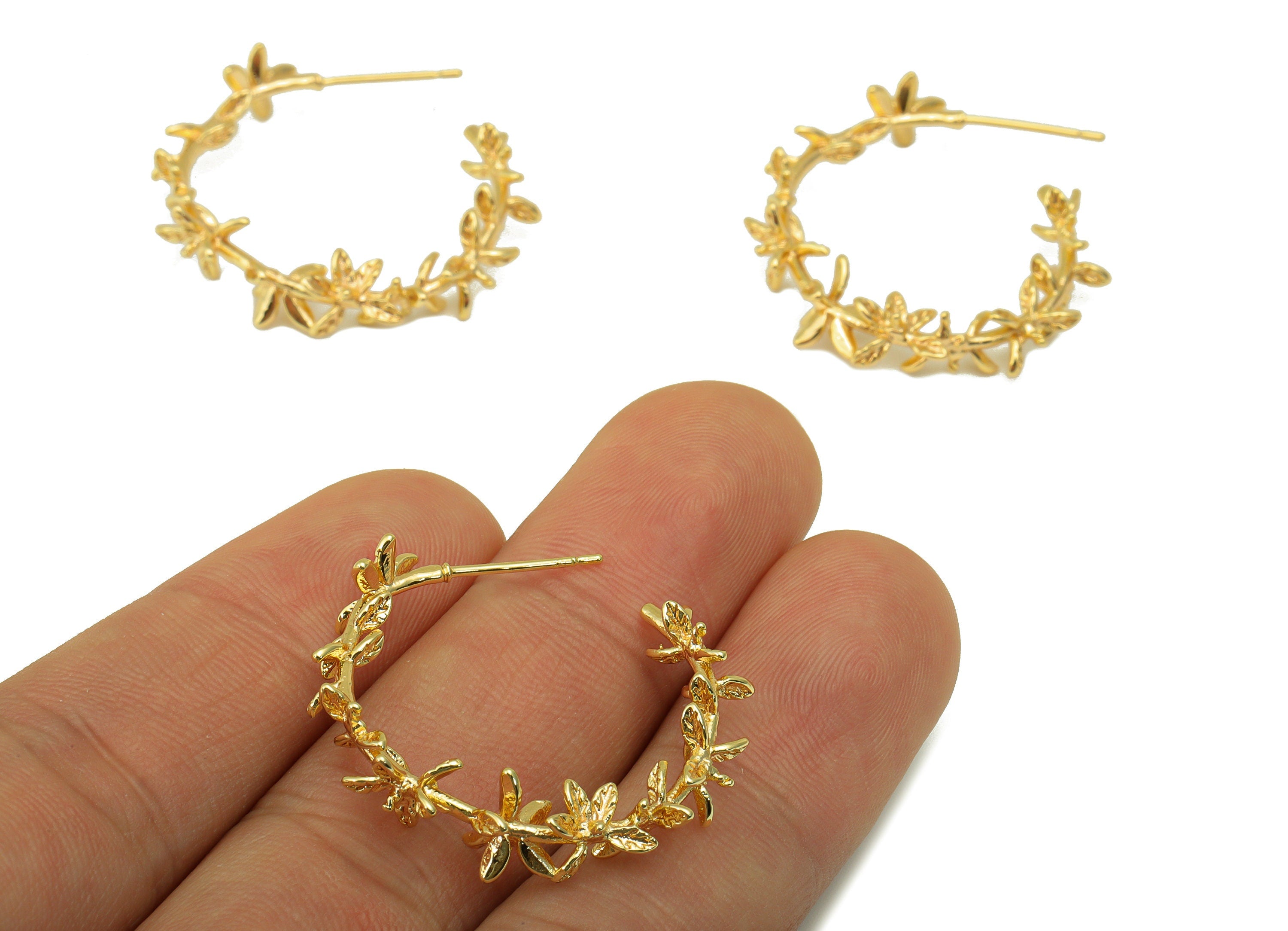 Brass Open Hoop Earring Stud - Flower Earring Post - Brass Leaf Post - Branch Hoop Earring - 18K Real Gold Plated - 31.28x28x5.78mm- RGP6373 - DOMEDBAZAAR