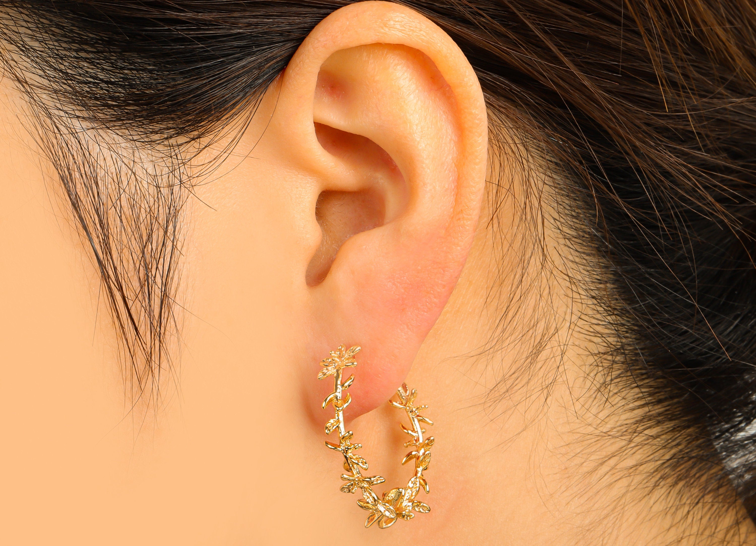 Brass Open Hoop Earring Stud - Flower Earring Post - Brass Leaf Post - Branch Hoop Earring - 18K Real Gold Plated - 31.28x28x5.78mm- RGP6373 - DOMEDBAZAAR