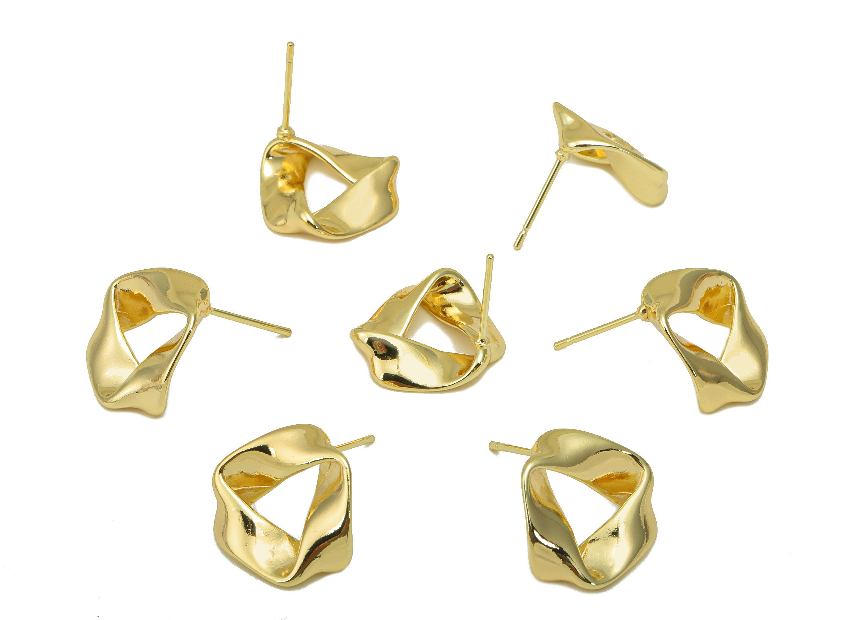 Brass Wavy Earrings Studs - Brass Twisted Earring Post - Fold Bent Earring Post - 18K Real Gold Plated -15.67x17x 1.31mm- RGP6308 - DOMEDBAZAAR