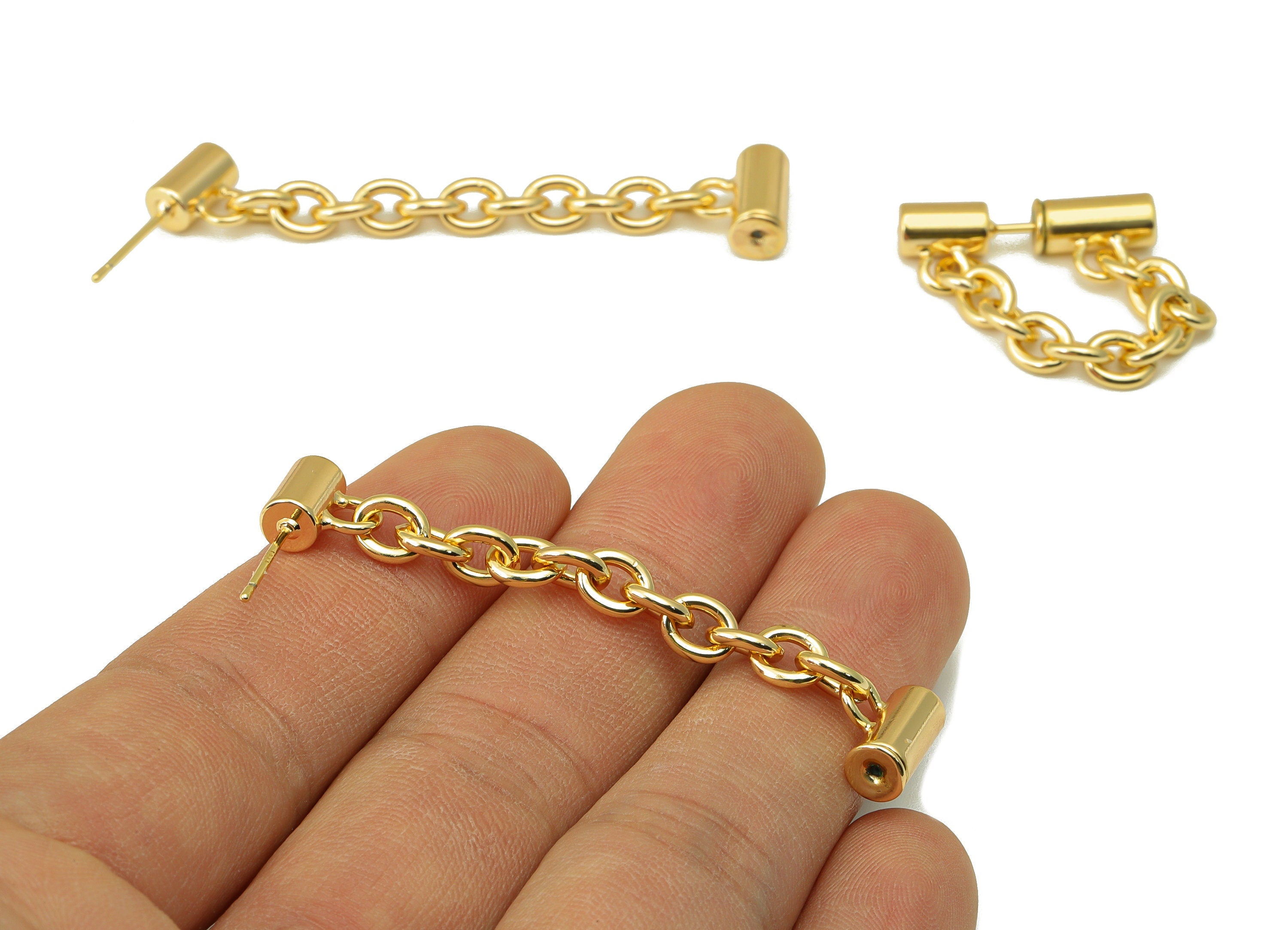 Brass Cylinder Earring Stud - Brass Cable Chain Dangle Earring - Brass Hanging Chain Earring Post - 18k Real Gold plated - 57x11x1mm-RGP6590 - DOMEDBAZAAR