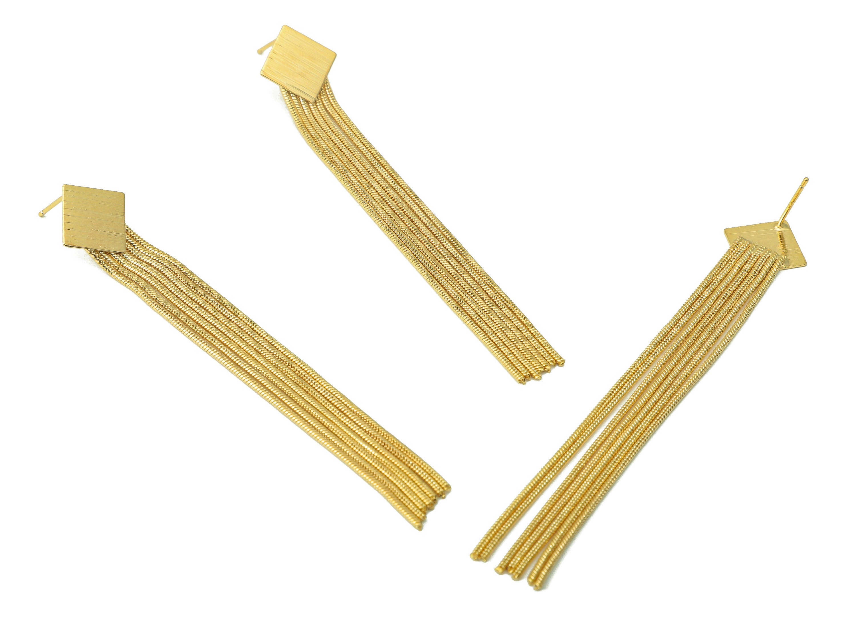 Brass Square Earring Stud - Brass Snake Chain Dangle Earring - Hanging Chain Earring Post - 18k Real Gold plated - 83x13.74x 0.37mm-RGP6636 - DOMEDBAZAAR