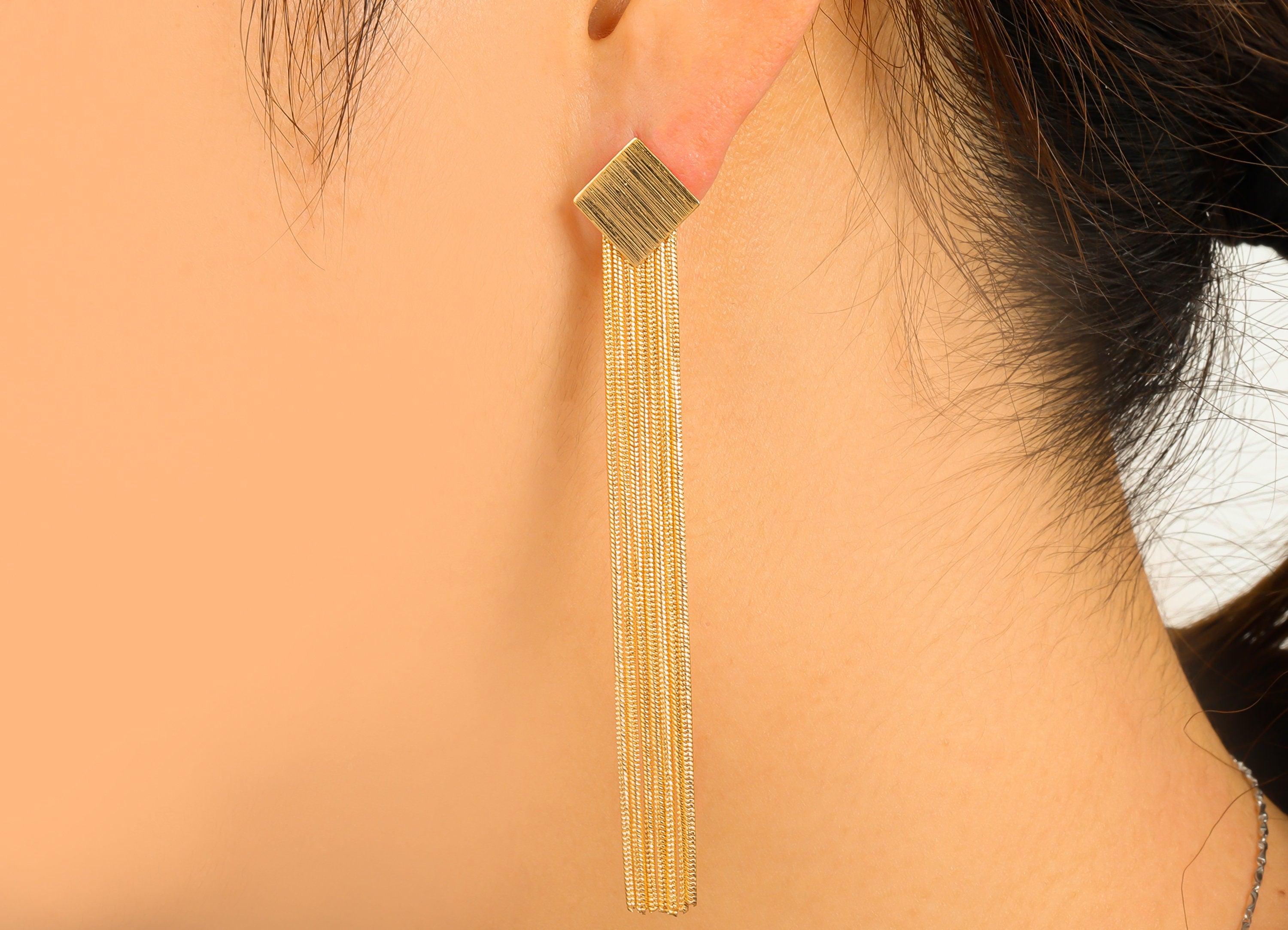 Brass Square Earring Stud - Brass Snake Chain Dangle Earring - Hanging Chain Earring Post - 18k Real Gold plated - 83x13.74x 0.37mm-RGP6636 - DOMEDBAZAAR