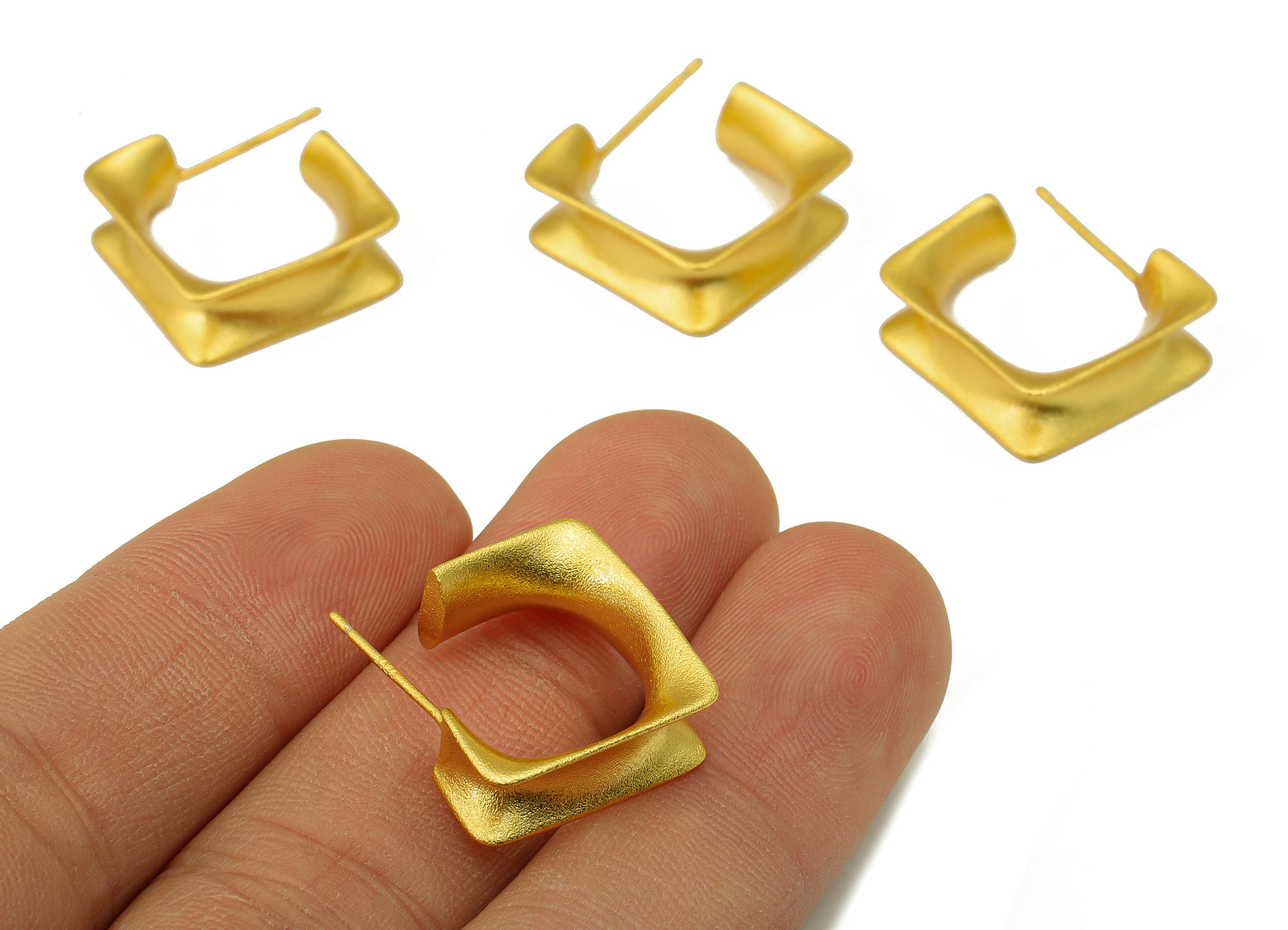 Brass Hoop Square Earring Stud - Brass Cubic Notch Square Earring Post - Frosted Surface - 18k Real Gold plated -18x17x1mm-RGP6632 - DOMEDBAZAAR
