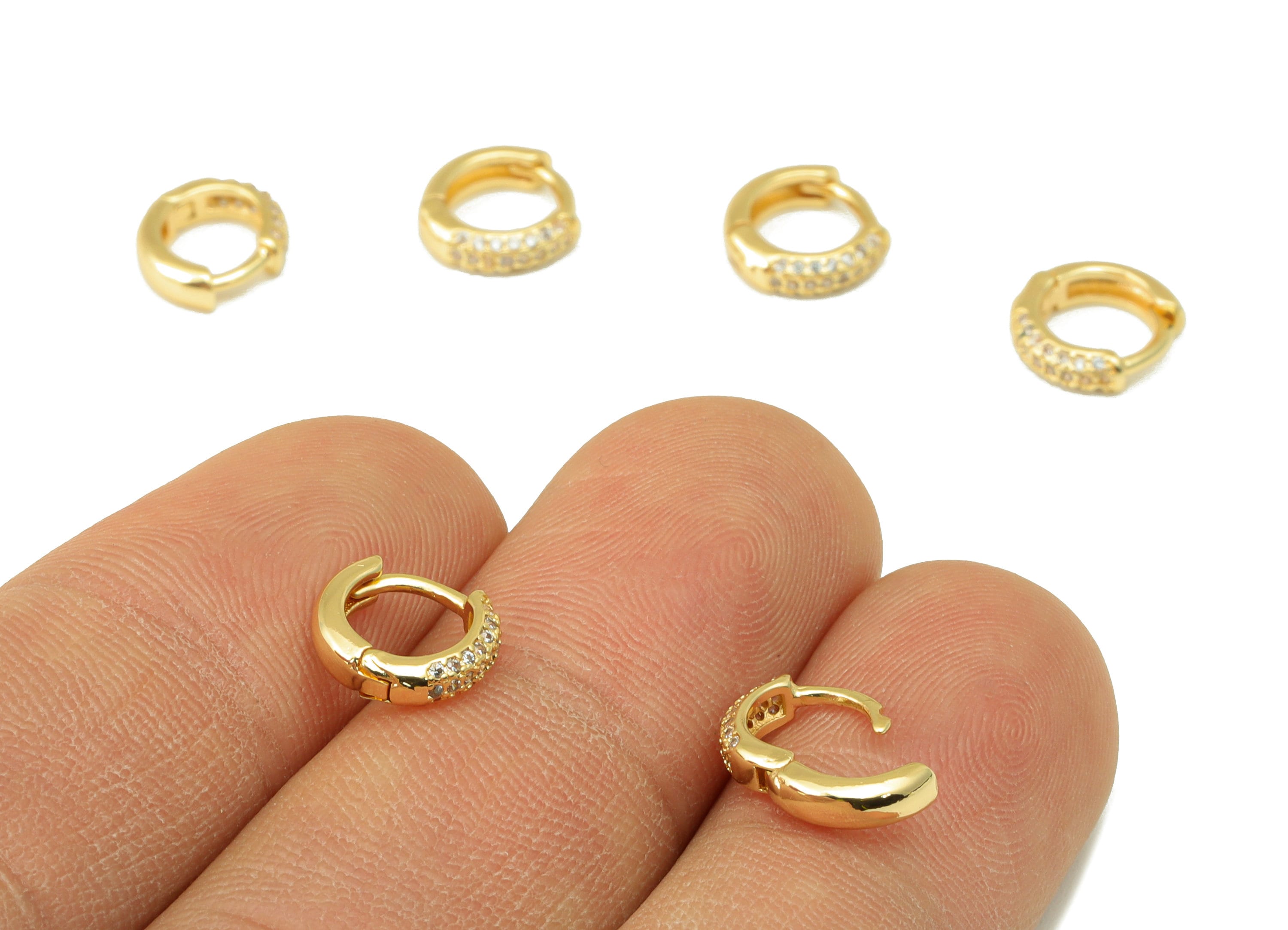 Brass Round Hoop Clasp - Brass CZ Circle Huggie Hoop Earring Clasp - Brass Ring Cubic Zirconia Clasp - 18K Real Gold Plated-9x8x1mm- RGP6615 - DOMEDBAZAAR