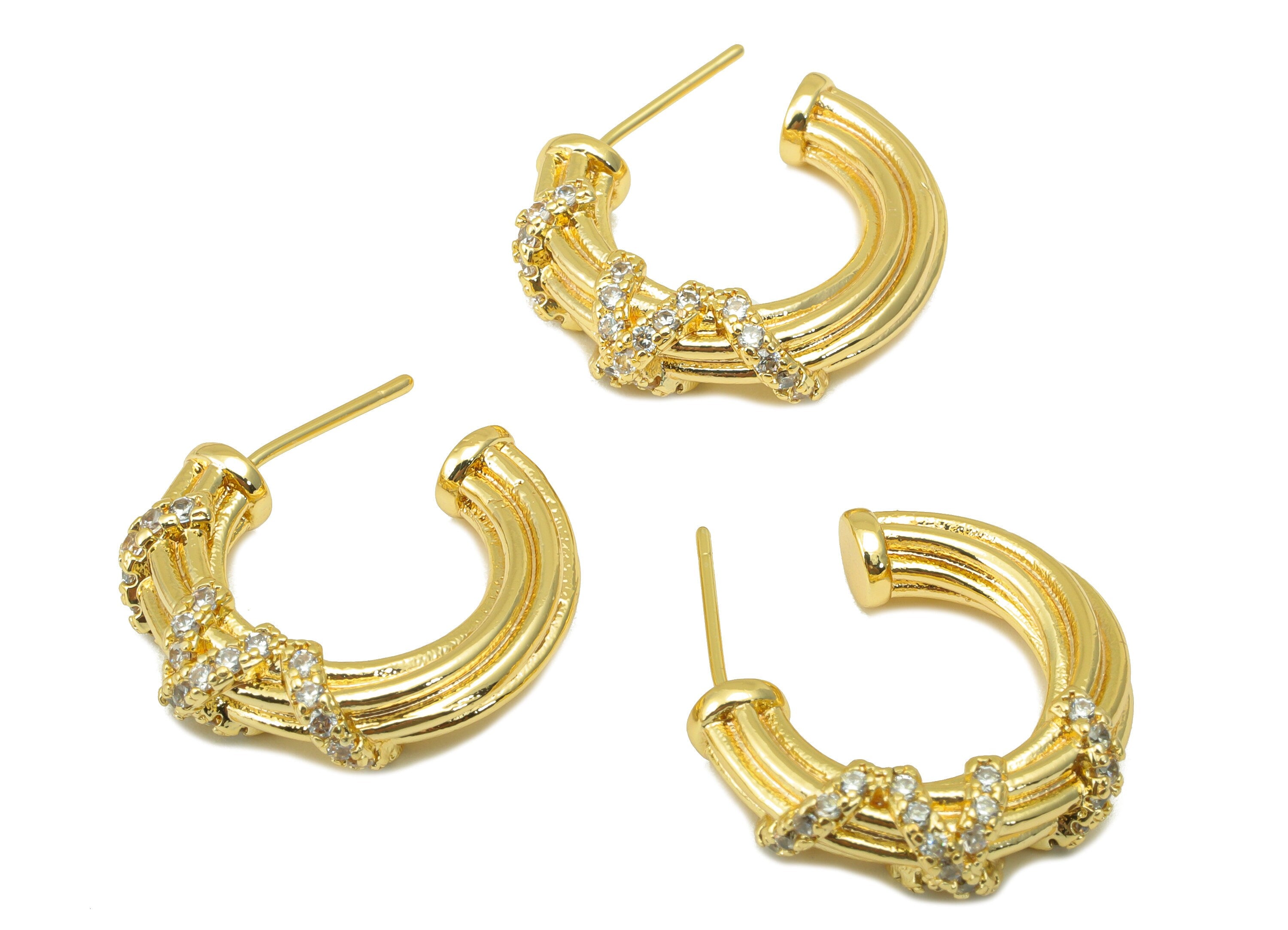 Brass Open Hoop Earring Stud - Zircon Wrapped Hoop Earring Post -Cubic Textured Earring Post - 18K Real Gold Plated - 27x24x6mm- RGP6357 - DOMEDBAZAAR