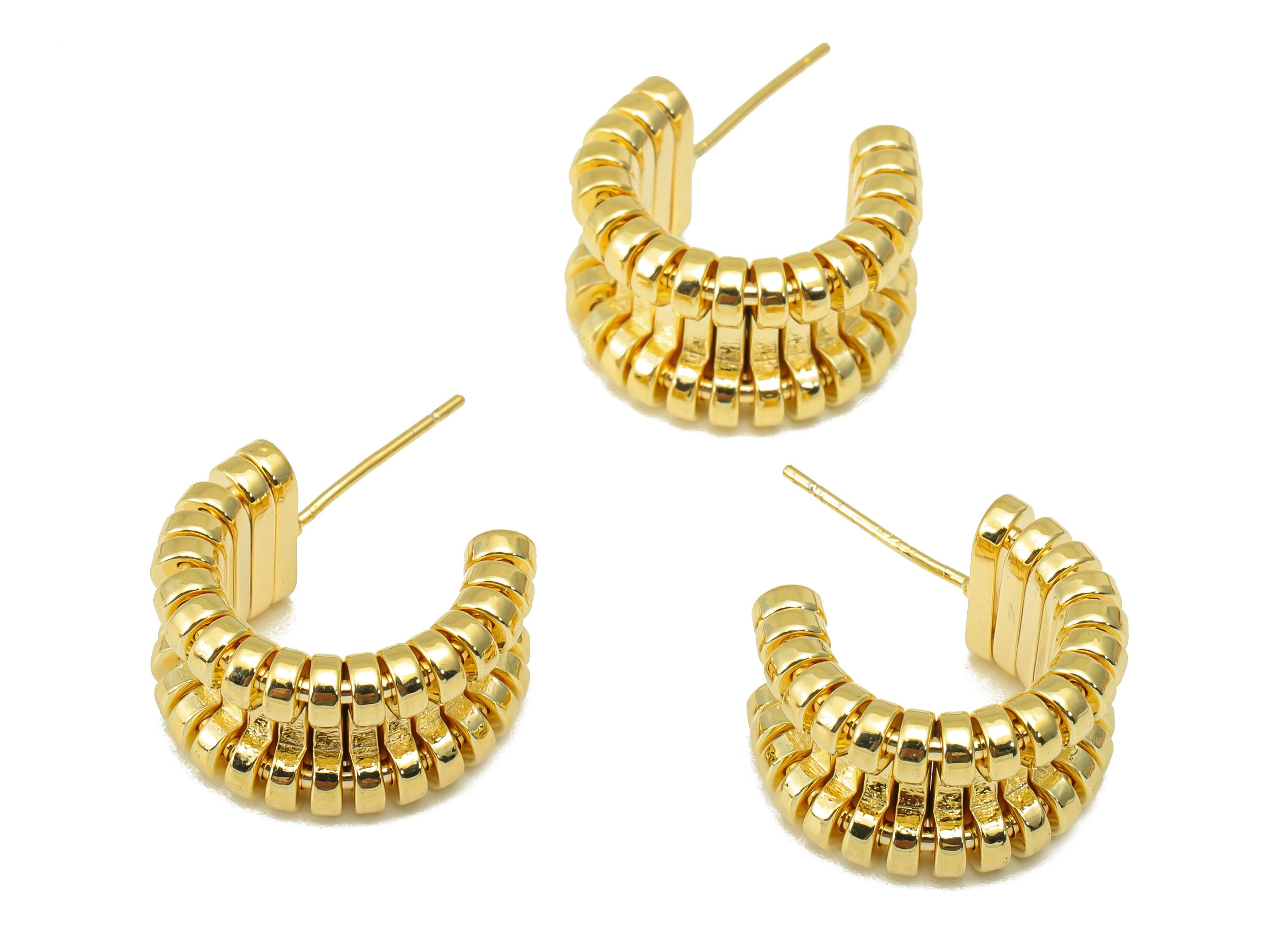 Brass Open Hoop Earring Stud - Brass Thick Earring Post - Cubic Zirconia Hoop Track Earring Post - 18K Real Gold Plated - 25x15x3mm- RGP6337 - DOMEDBAZAAR