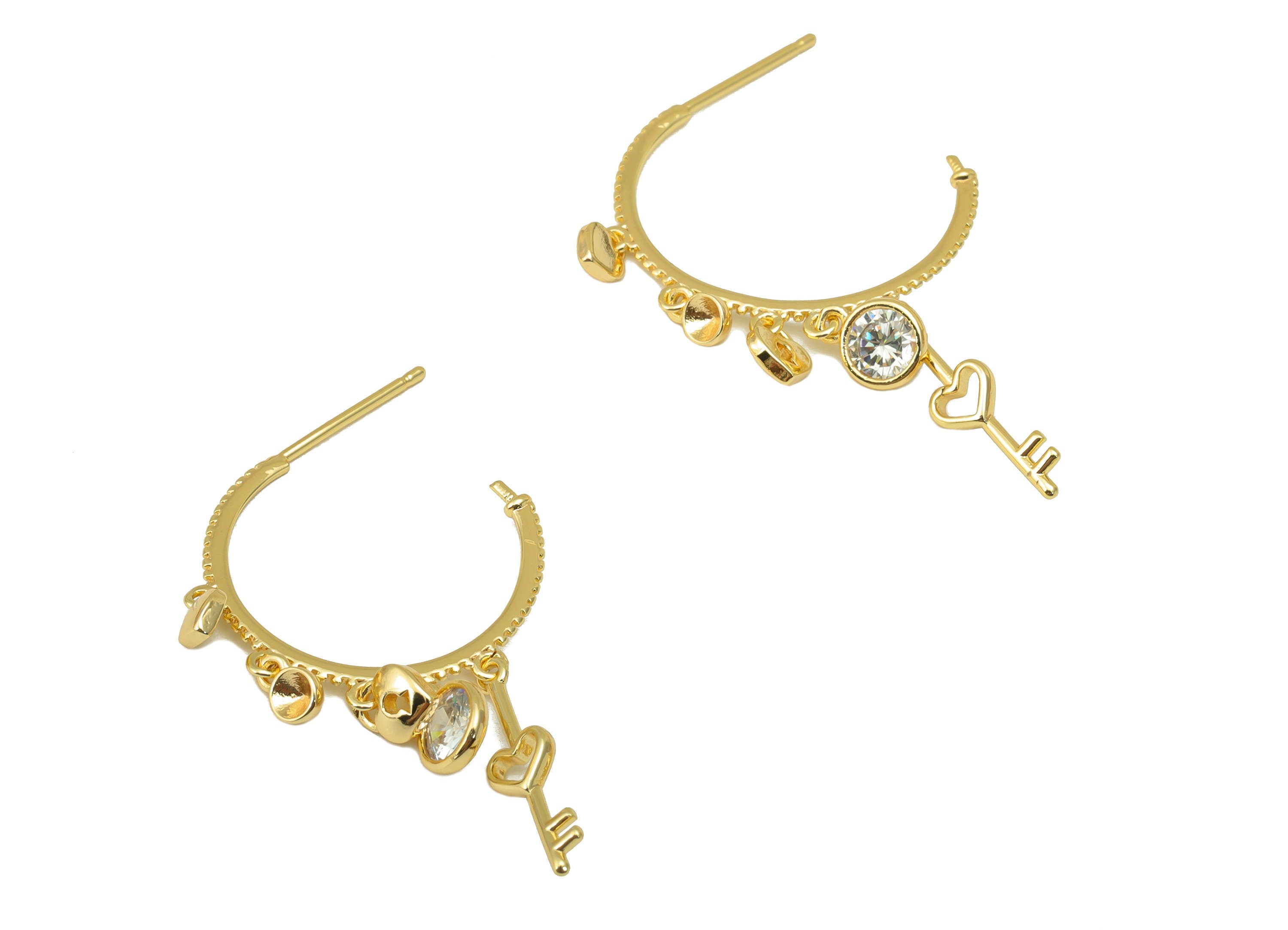 Brass Open Hoop Earring Stud - Shake Sawtooth Earring Post - CZ Heart Padlock Key Earring Post - 18K Real Gold Plated - 37x26x1mm- RGP6346 - DOMEDBAZAAR