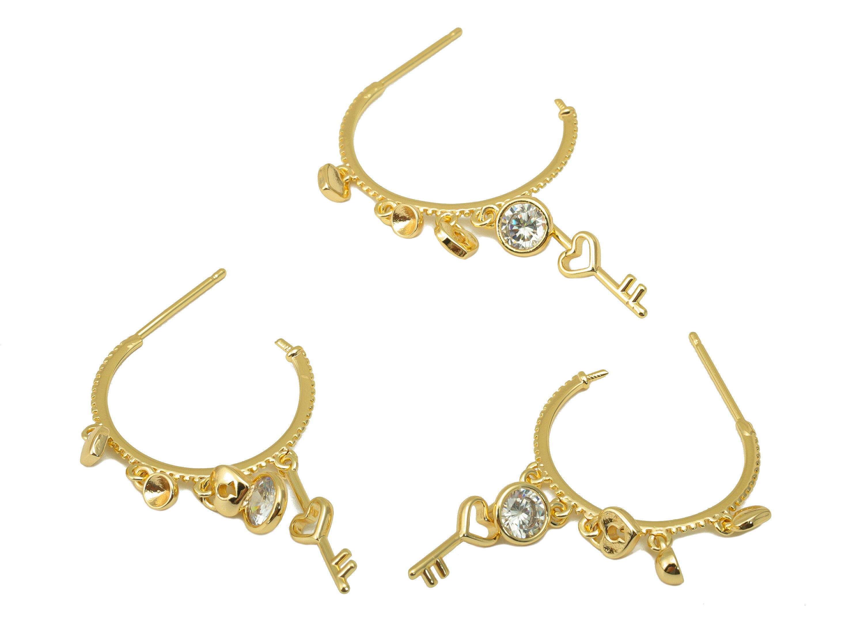 Brass Open Hoop Earring Stud - Shake Sawtooth Earring Post - CZ Heart Padlock Key Earring Post - 18K Real Gold Plated - 37x26x1mm- RGP6346 - DOMEDBAZAAR