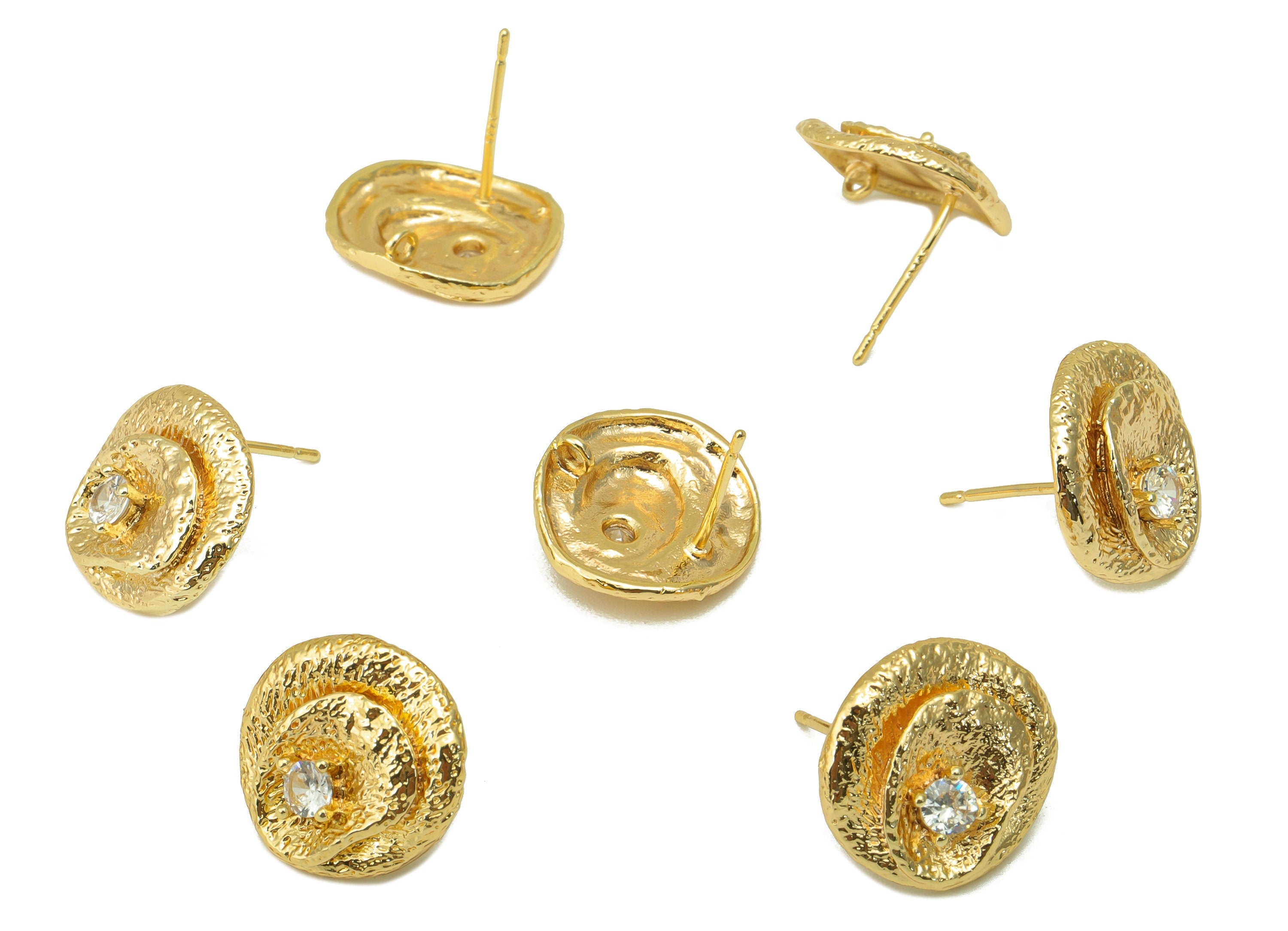 Brass Flower Earring Stud - Brass Hammered CZ Earring Post - Botanical Cubic Zirconia Earring Post - 18K Real Gold Plated-15x14x2mm- RGP6370 - DOMEDBAZAAR