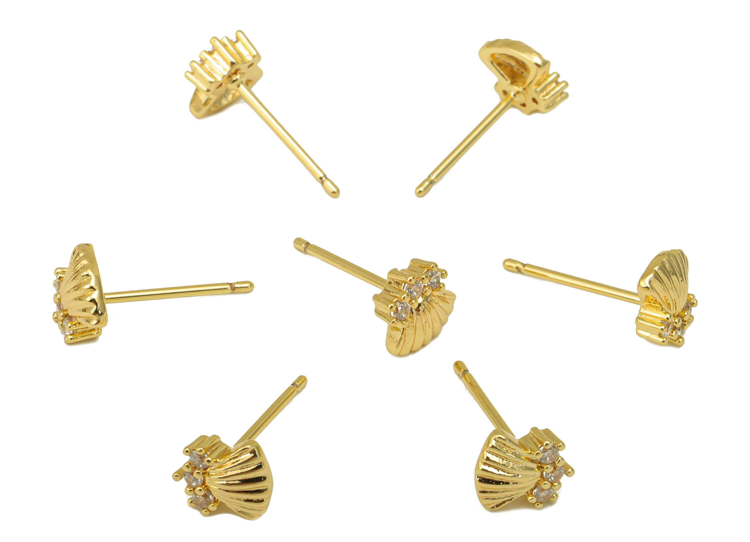 Brass Seashell Earring Stud - Brass Whale Tail Earring Post - Cubic Zirconia Earring Post - 18K Real Gold Plated - 6.73x6.37x2.57mm- RGP6392 - DOMEDBAZAAR