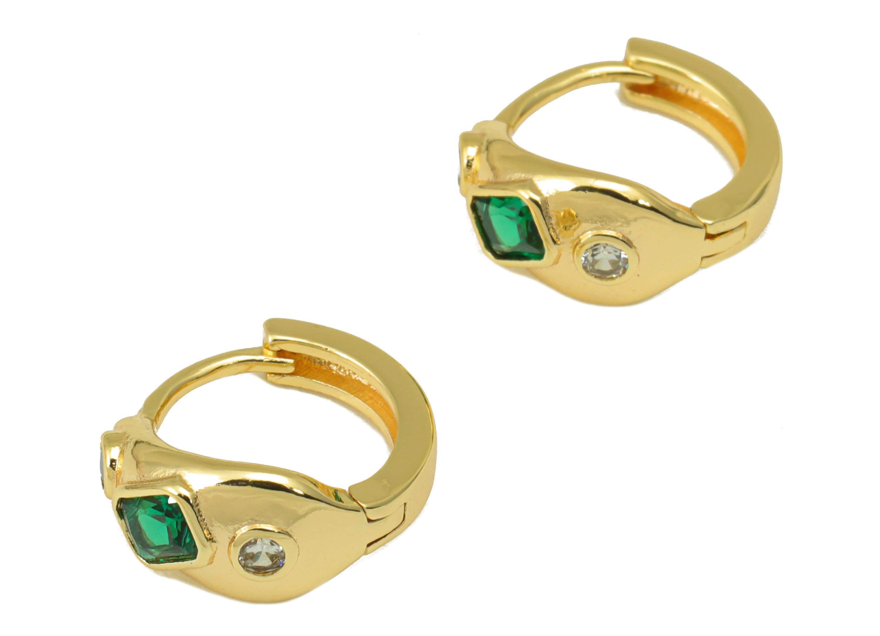 Brass Huggie Hoop Earring Clasp - Brass Green Emerald Hoop Clasp - Ring Blue Cubic Zirconia Clasp - 18K Real Gold Plated -14x13x3mm- RGP6561 - DOMEDBAZAAR
