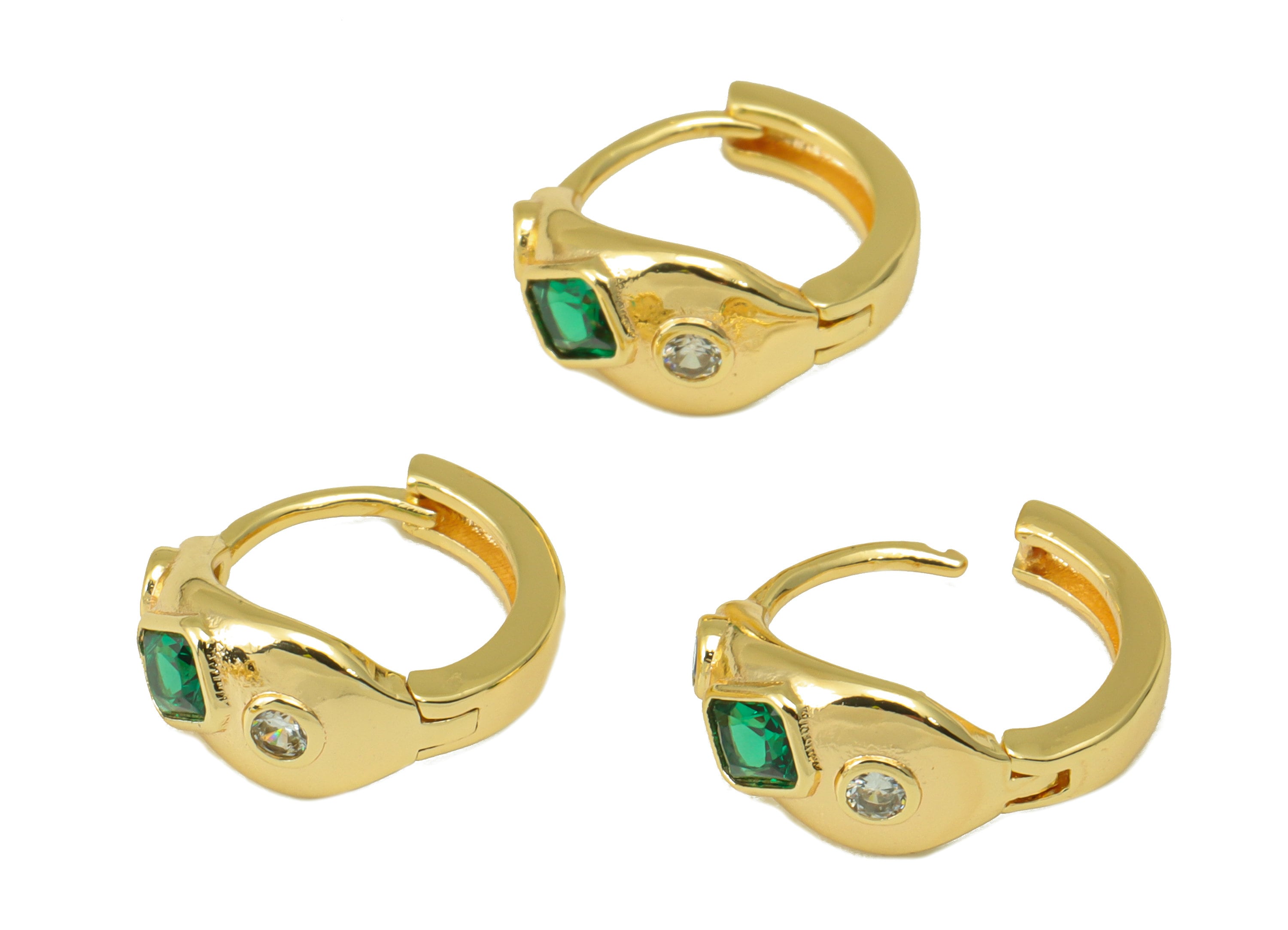 Brass Huggie Hoop Earring Clasp - Brass Green Emerald Hoop Clasp - Ring Blue Cubic Zirconia Clasp - 18K Real Gold Plated -14x13x3mm- RGP6561 - DOMEDBAZAAR
