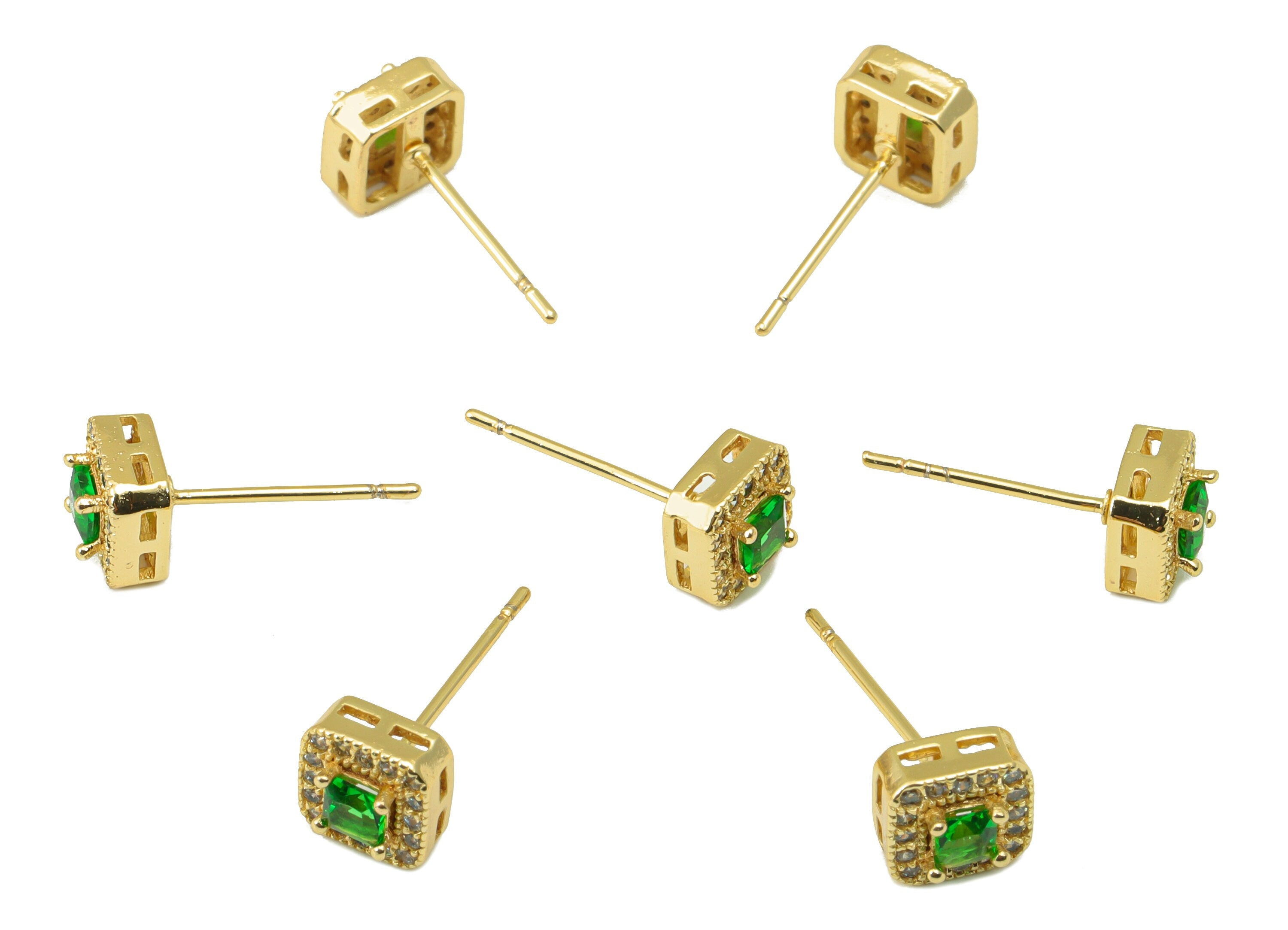 Brass Cube Earring Stud - Brass Cubic Zirconia Earring Post- Mini Square Green Cube CZ Earring Post - 18k Real Gold plated - 7x7x4mm-RGP6490 - DOMEDBAZAAR