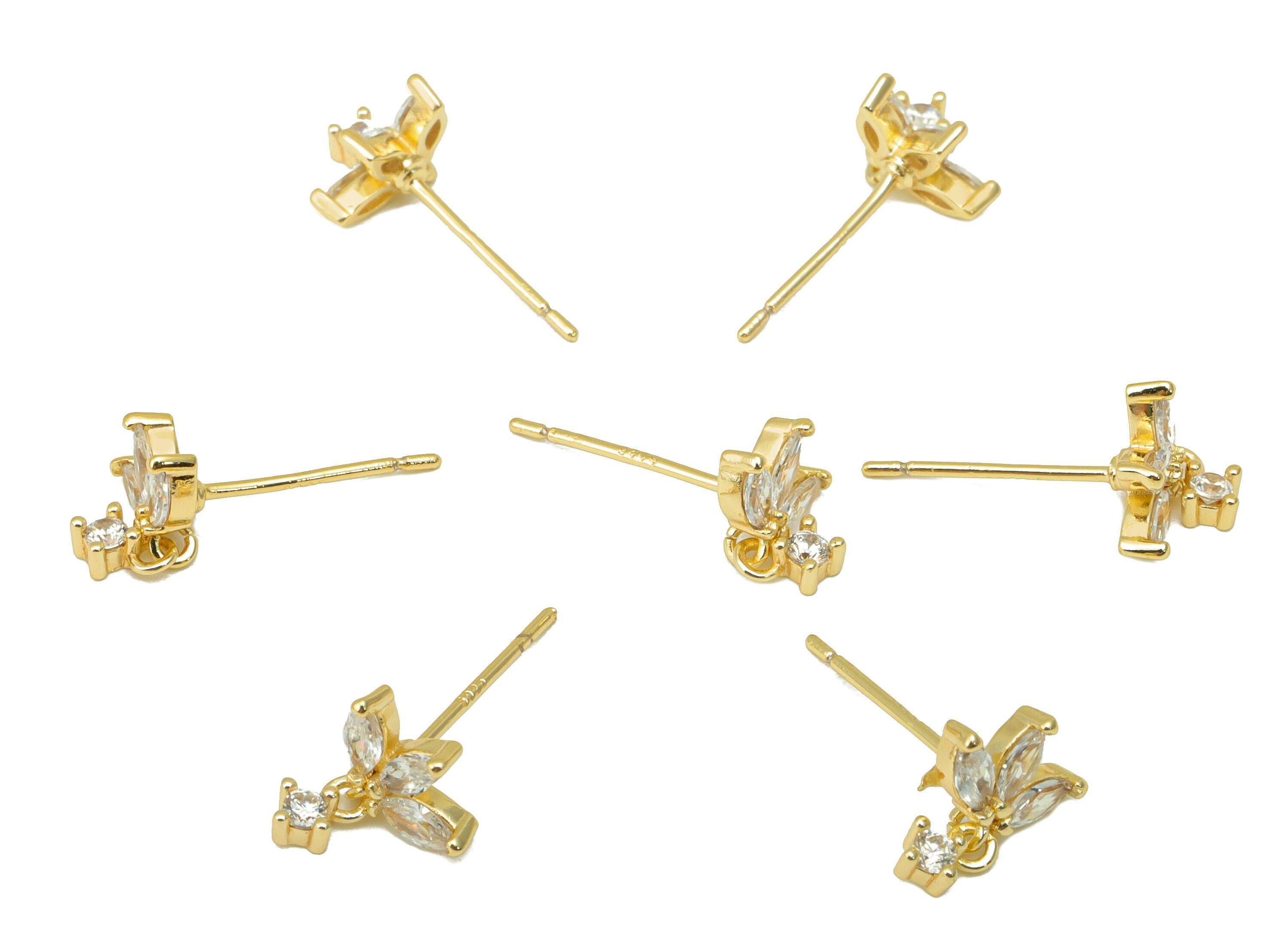 Brass Petal Earring Stud - Brass Marquise Earring Post - Shake Cubic Zirconia Earring Post - 18K Real Gold Plated - 11.09x8.1x1.9mm- RGP6391 - DOMEDBAZAAR