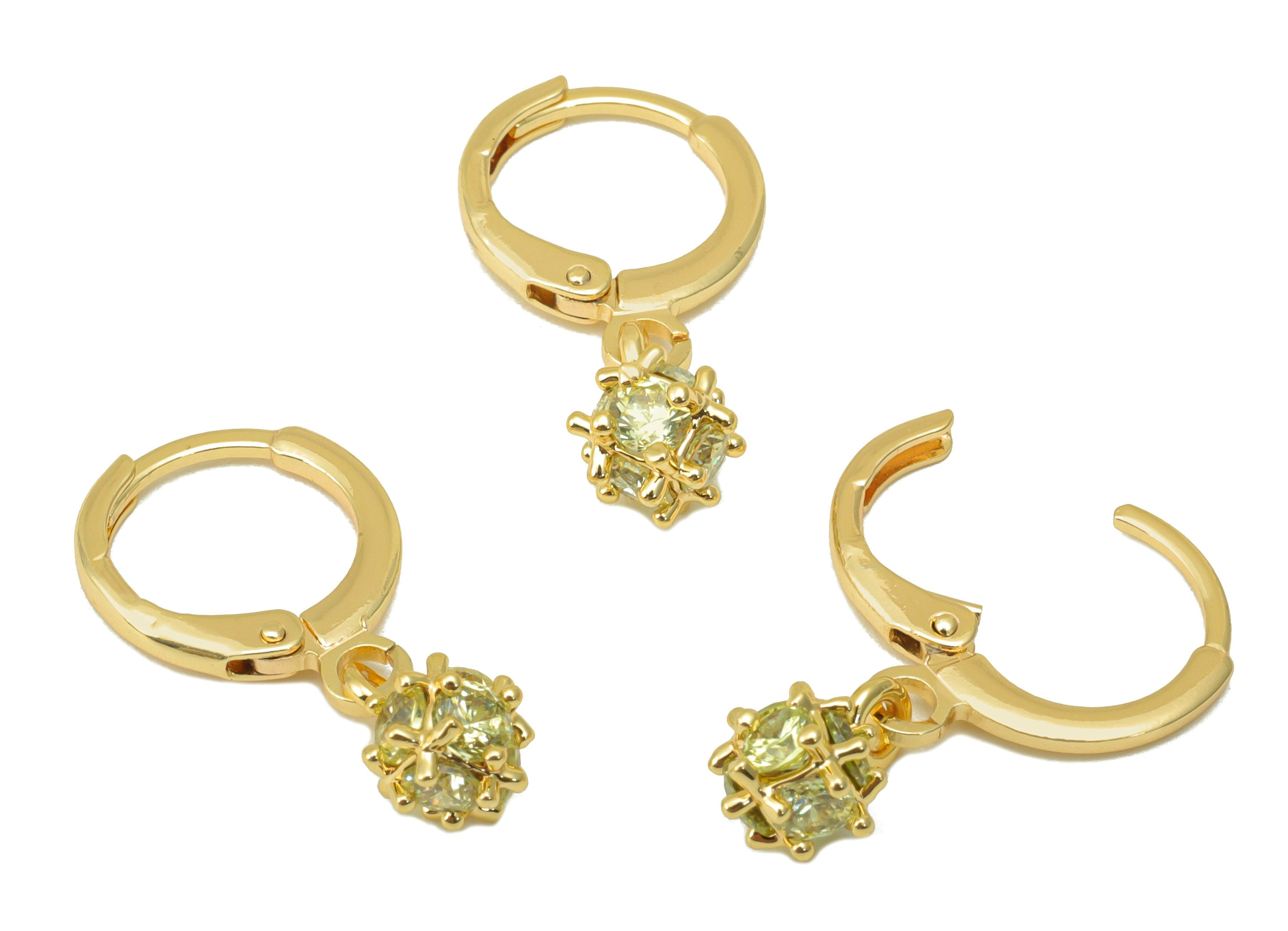 Brass Round Clasp - Brass CZ Huggie Hoop Clasp - Cubic Zirconia Ball Lever Back Clasp - 18K Real Gold Plated - 21.68x11.28x6.07mm- RGP6393 - DOMEDBAZAAR