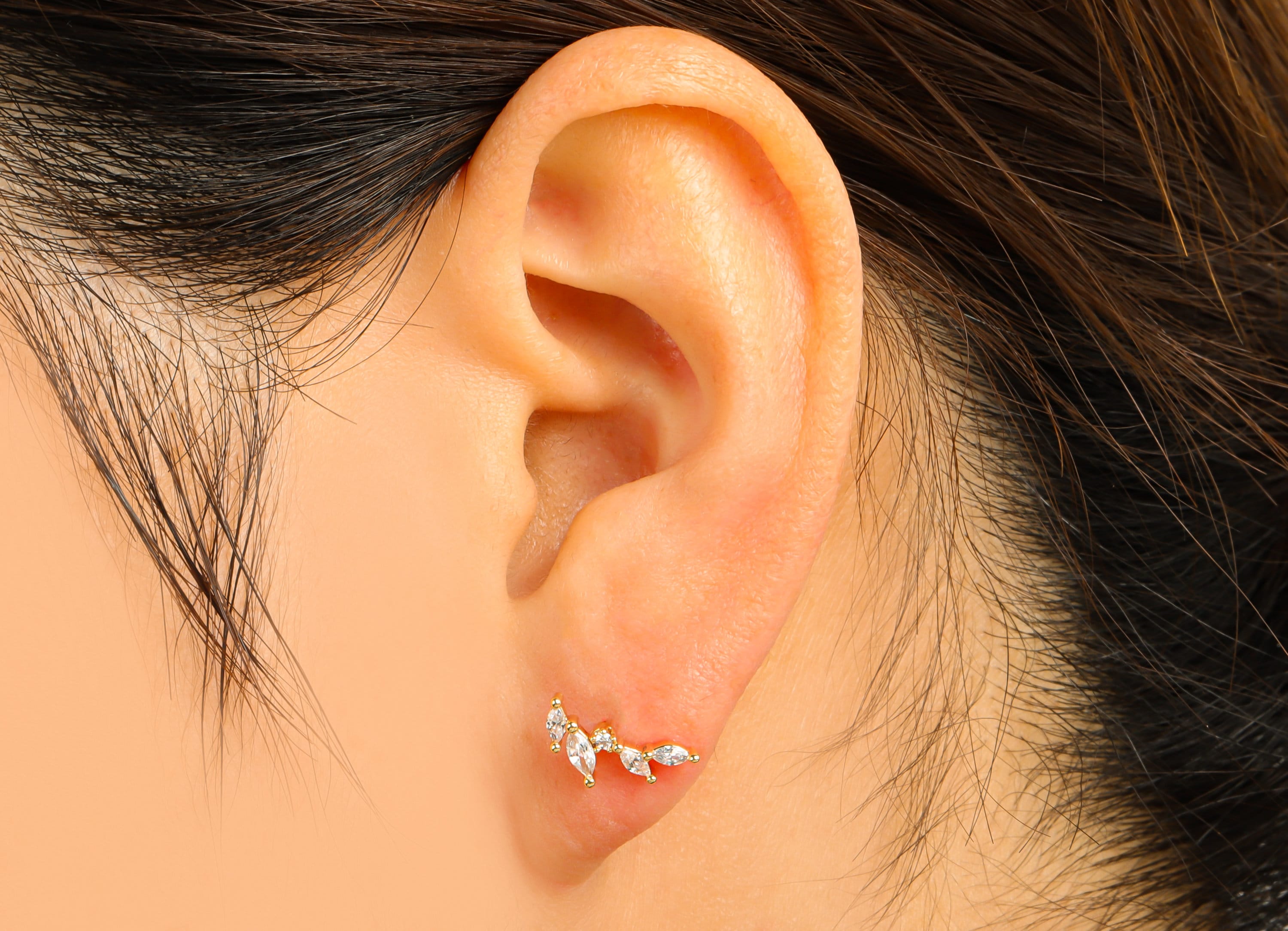 Brass Branch Earrings Stud - Brass Marquise Earring Post - Cubic Zirconia Leaf Earring Wire - 18K Real Gold Plated -12x 5.6x 2.22mm- RGP6281 - DOMEDBAZAAR