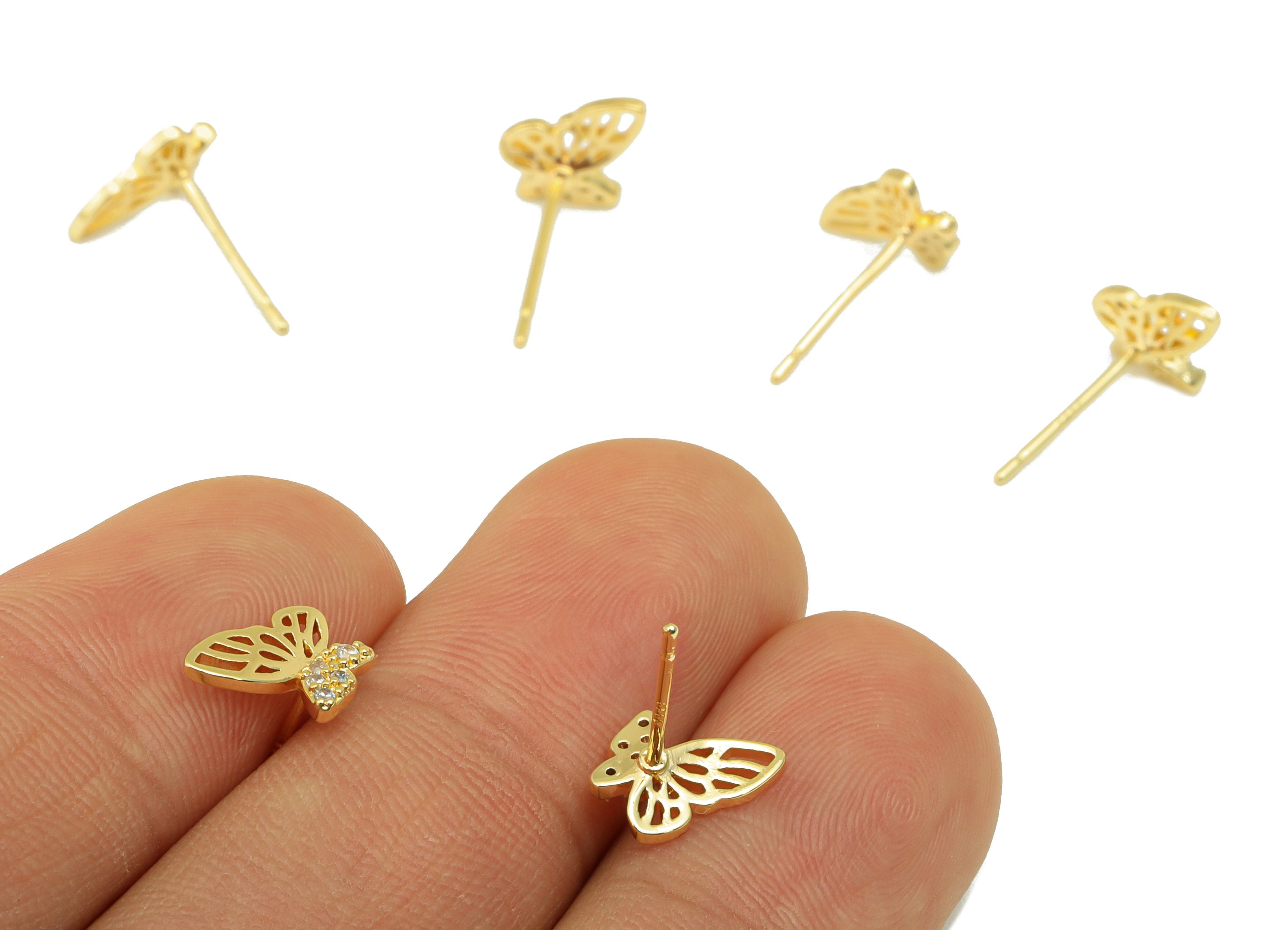 Brass Butterfly Earring Stud - Brass Cubic Zirconia Earring Post -CZ Animal Earring Post - 18K Real Gold Plated - 9.39x6.9x 1.75mm- RGP6246 - DOMEDBAZAAR