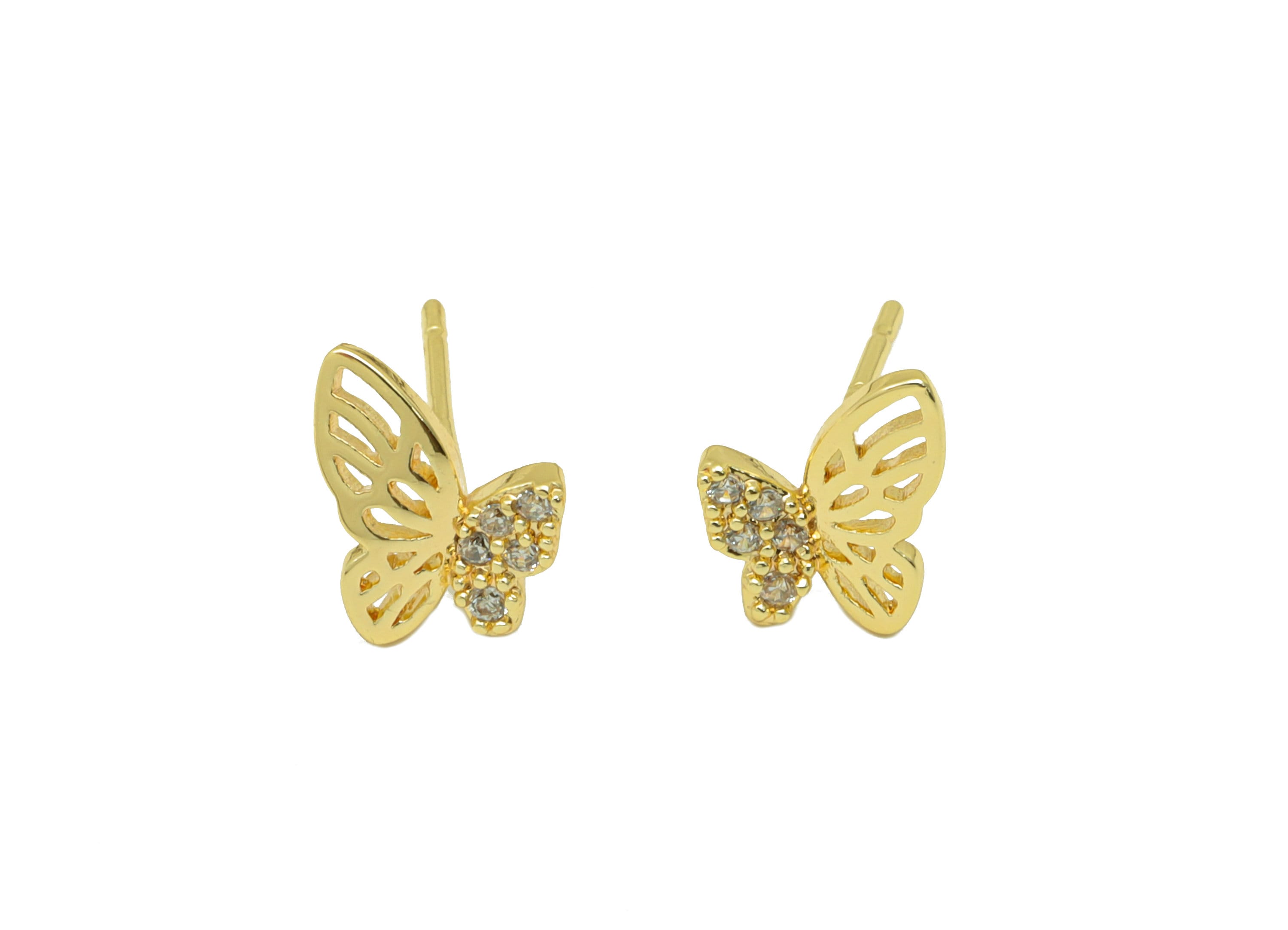 Brass Butterfly Earring Stud - Brass Cubic Zirconia Earring Post -CZ Animal Earring Post - 18K Real Gold Plated - 9.39x6.9x 1.75mm- RGP6246 - DOMEDBAZAAR