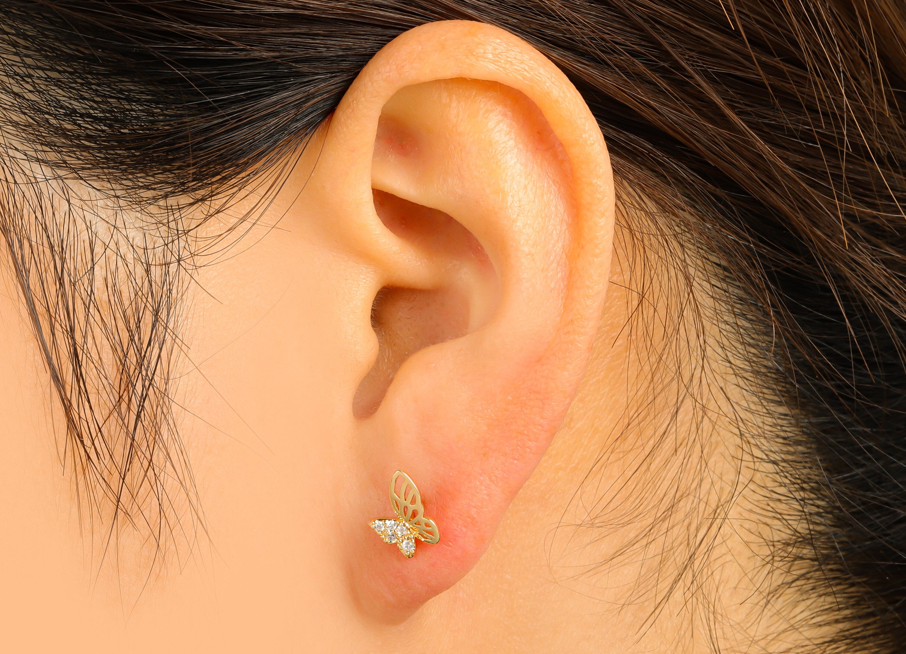 Brass Butterfly Earring Stud - Brass Cubic Zirconia Earring Post -CZ Animal Earring Post - 18K Real Gold Plated - 9.39x6.9x 1.75mm- RGP6246 - DOMEDBAZAAR