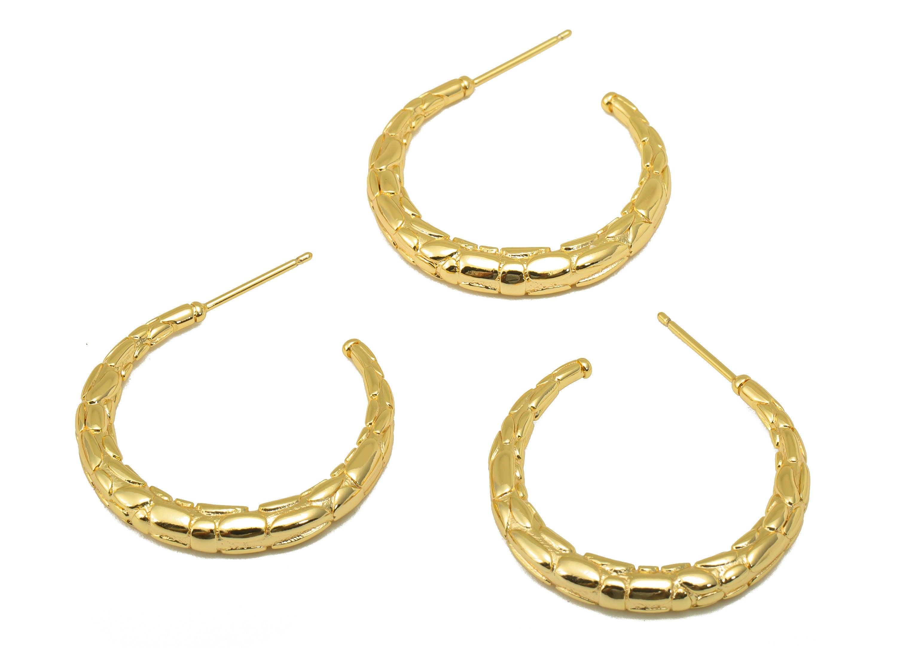 Brass Open Hoop Stud - Textured Earring Post -Crescent Earring Hoop Post - 18K Real Gold Plated - 33.57x27.6 x 3.6mm- RGP6211 - DOMEDBAZAAR