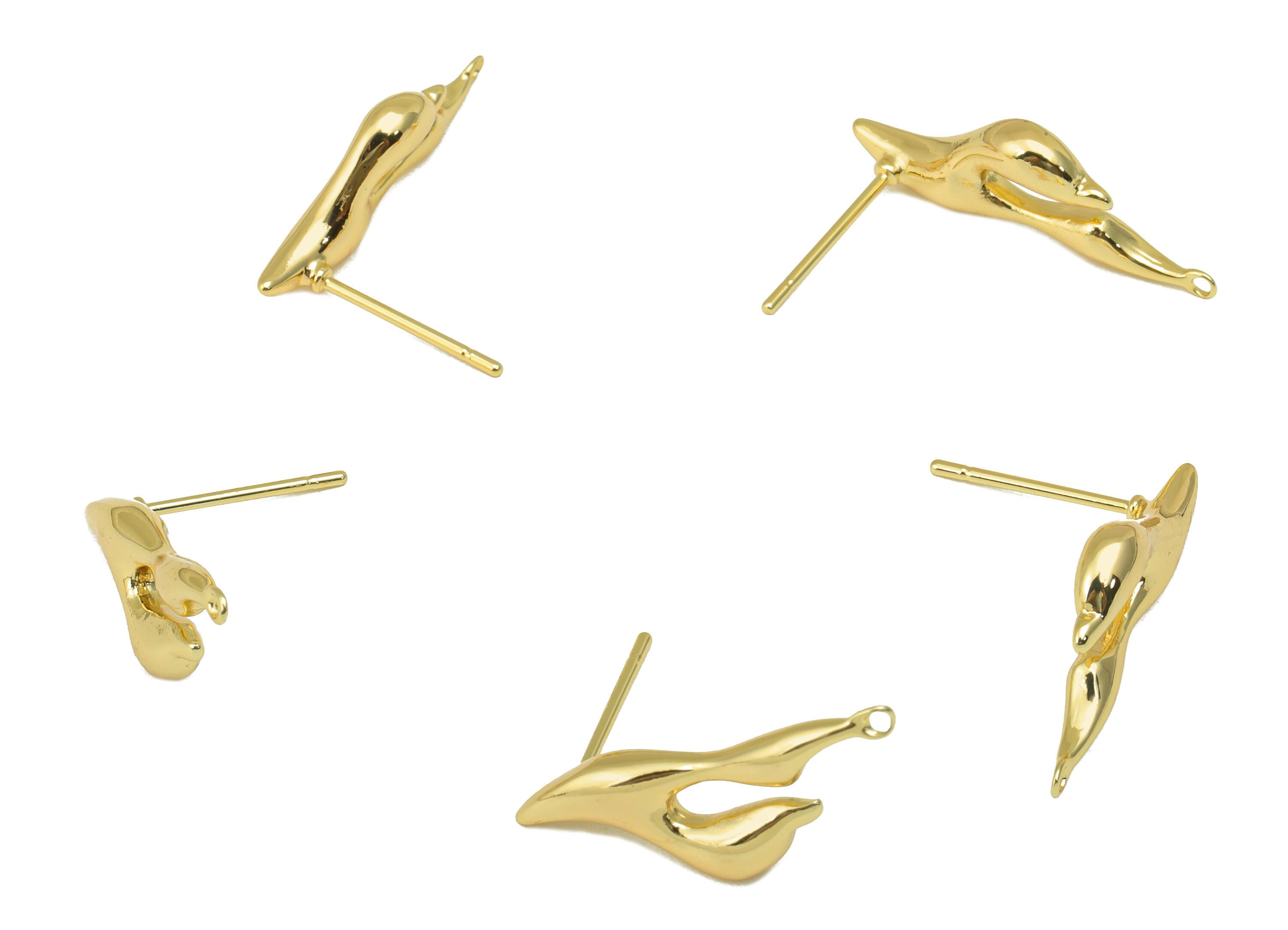 Brass Irregular Earring Stud - Melting Fly Earring Post - Burning Earring Post with Loop - 18K Real Gold Plated - 23.03x7.9x3.38mm- RGP6247 - DOMEDBAZAAR