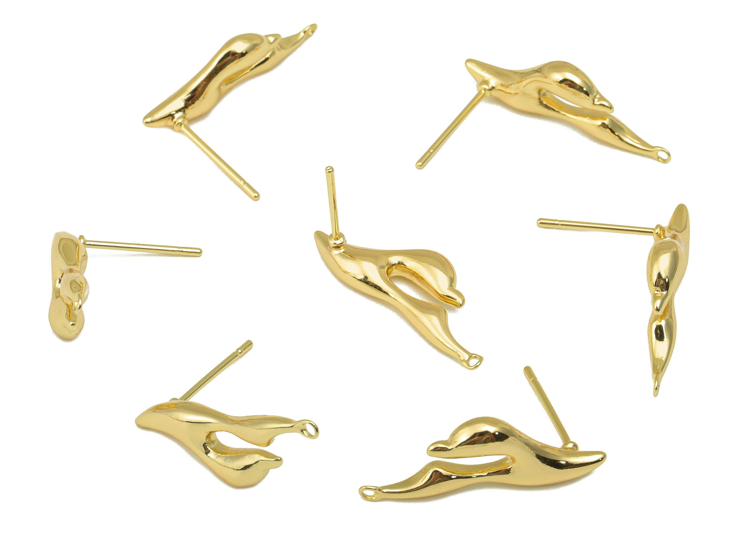 Brass Irregular Earring Stud - Melting Fly Earring Post - Burning Earring Post with Loop - 18K Real Gold Plated - 23.03x7.9x3.38mm- RGP6247 - DOMEDBAZAAR