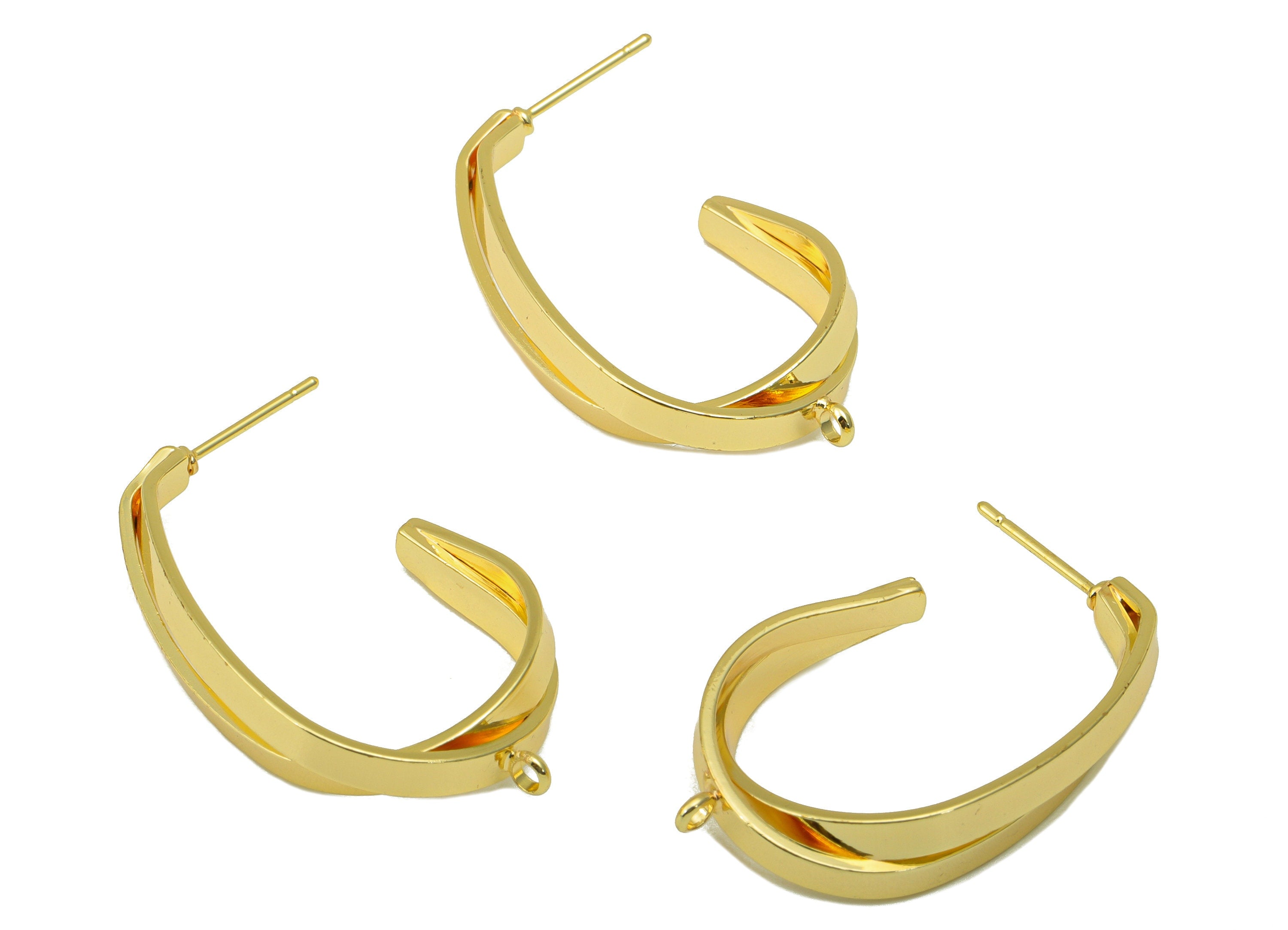 Brass Open Hoop Stud - Oval Rectangle Earring Post - Hoop Earring Post With Loop - Earring Post - 18K Real Gold Plated - 25x17x2mm- RGP6263 - DOMEDBAZAAR