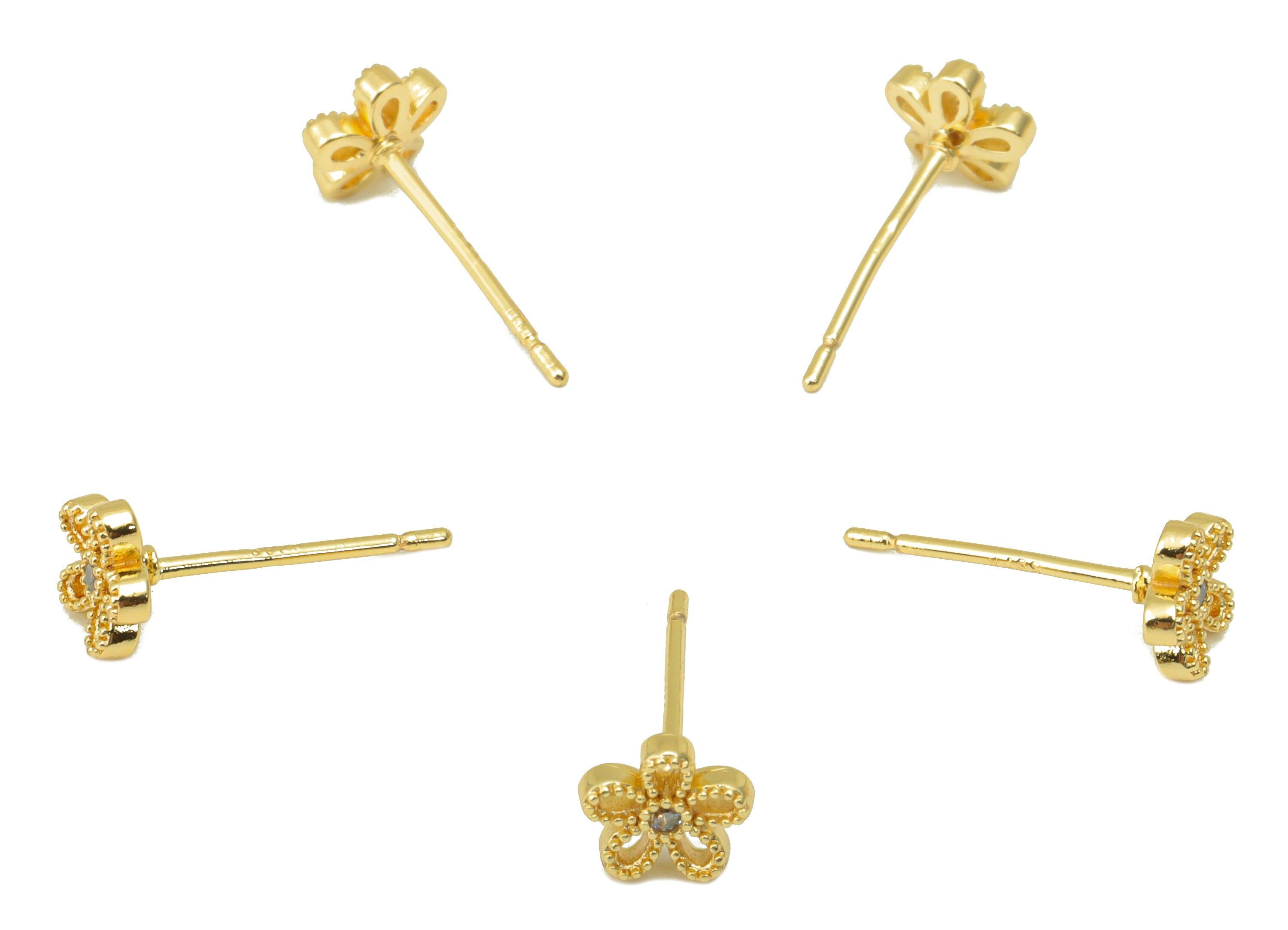 Brass Flower Earring Stud - Brass Cubic Zircon Earring Post -Daisy Earring Post - Earring Post - 18K Real Gold Plated - 5.99x6x2mm- RGP6220 - DOMEDBAZAAR