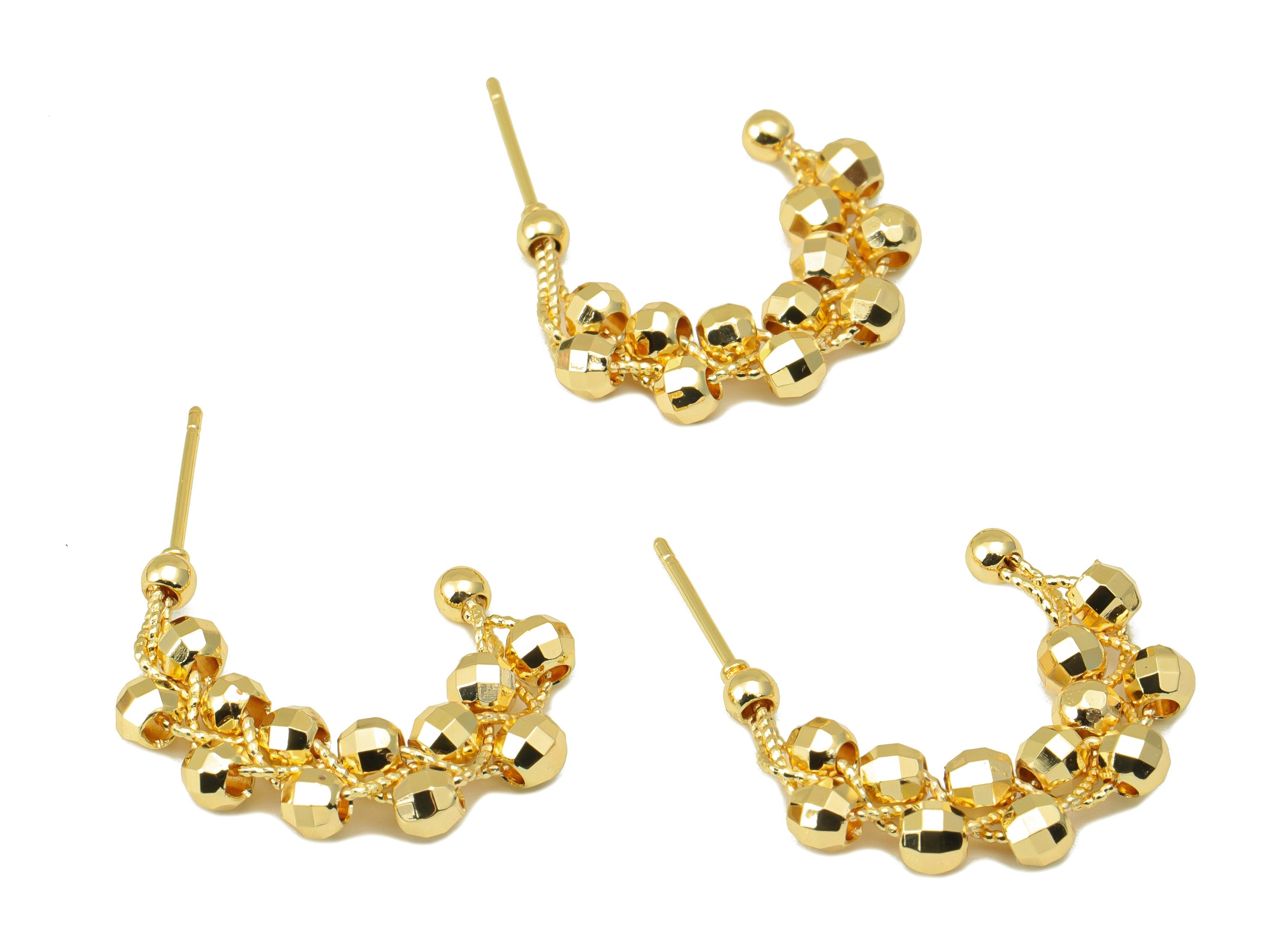 Brass Open Hoop Earring Stud - Beads Winding Chain Post - Beaded Hoop Earring - 18K Real Gold Plated - 31.56x23.07x3.65mm-RGP6504 - DOMEDBAZAAR