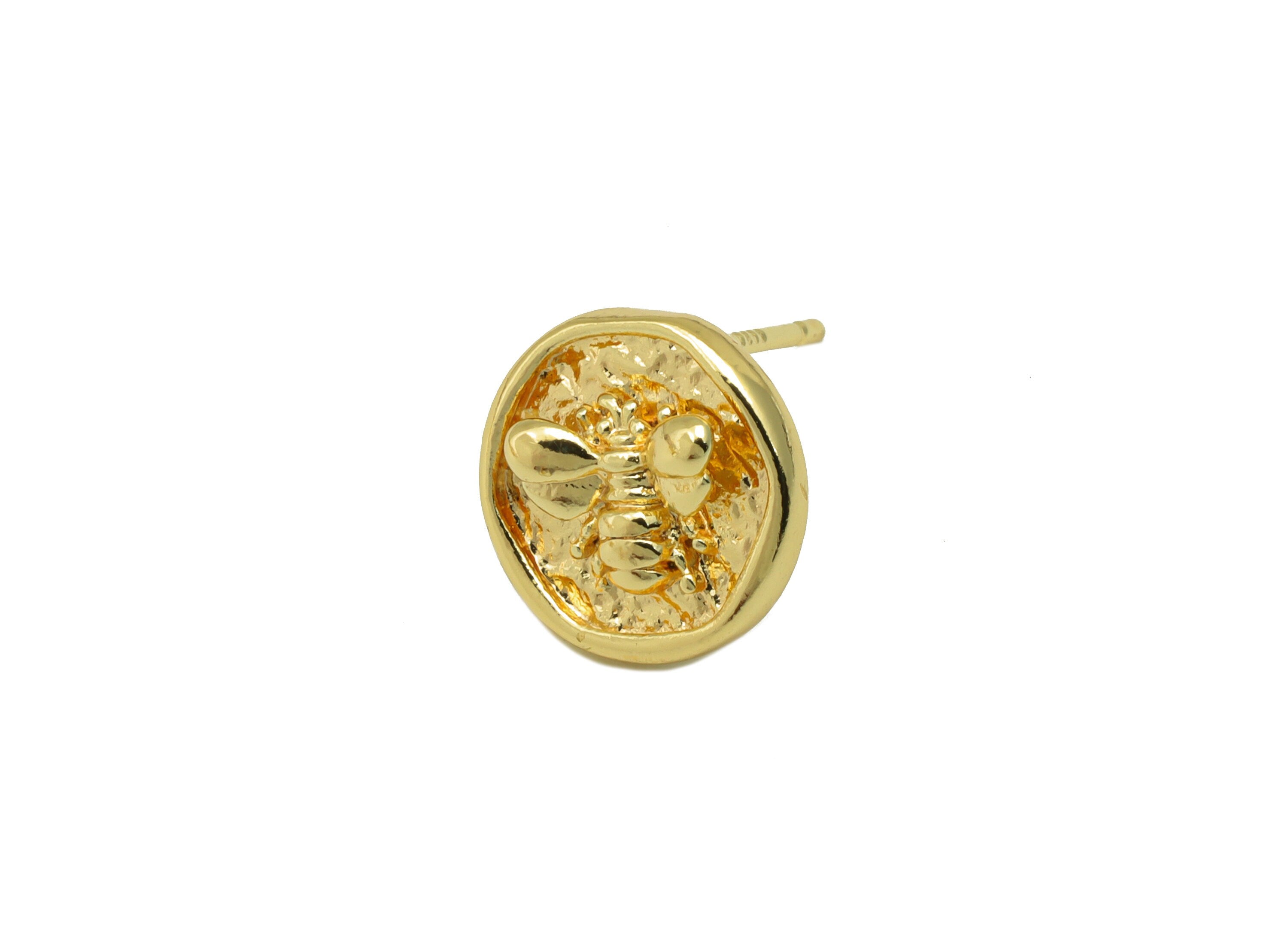 Brass Round Earring Stud - Brass Bee Hammered Post - Cubic Bee Earring Post- Insect Earring Post -18K Real Gold Plated -10x10.5x3mm-RGP6519 - DOMEDBAZAAR
