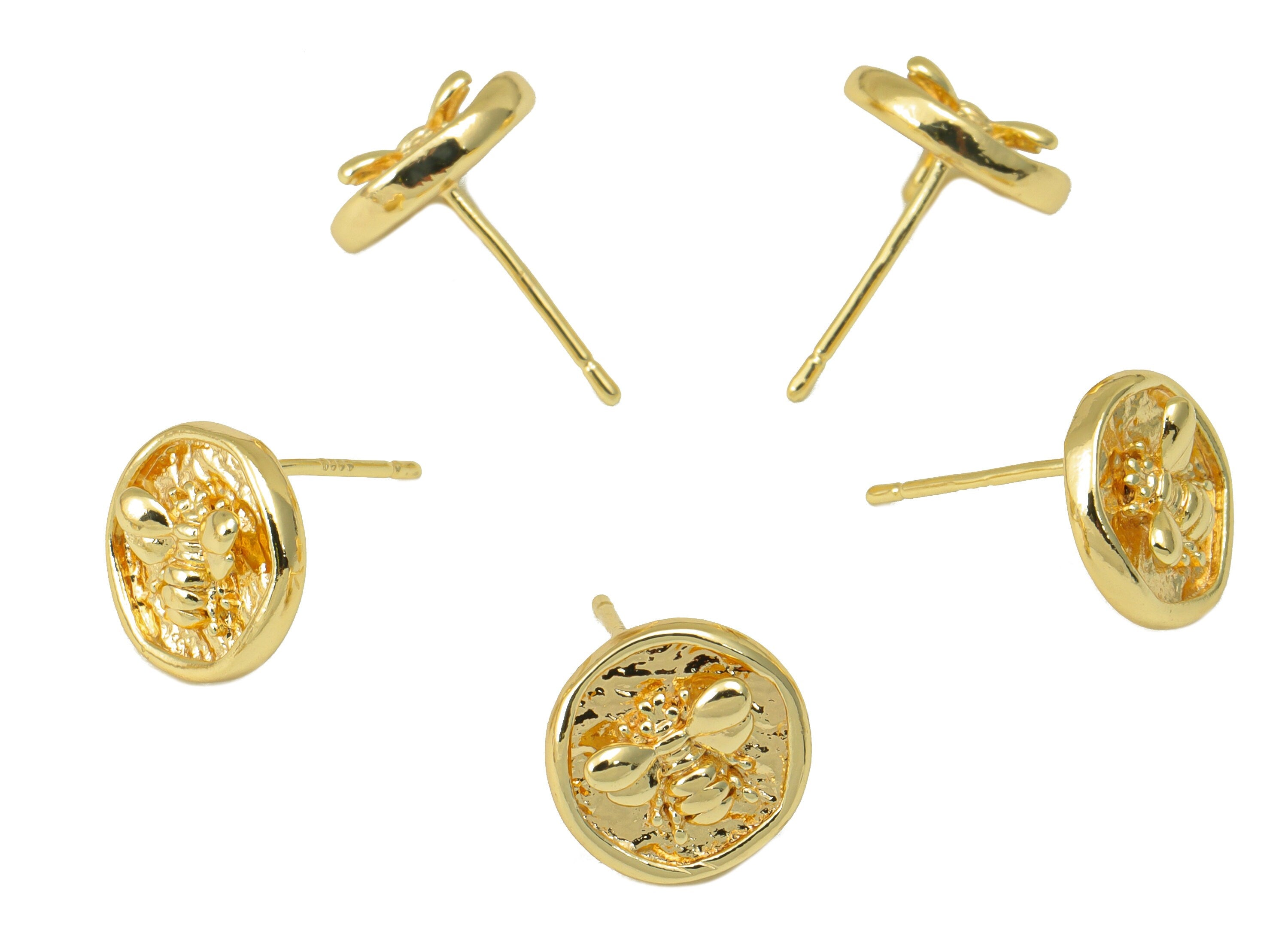Brass Round Earring Stud - Brass Bee Hammered Post - Cubic Bee Earring Post- Insect Earring Post -18K Real Gold Plated -10x10.5x3mm-RGP6519 - DOMEDBAZAAR