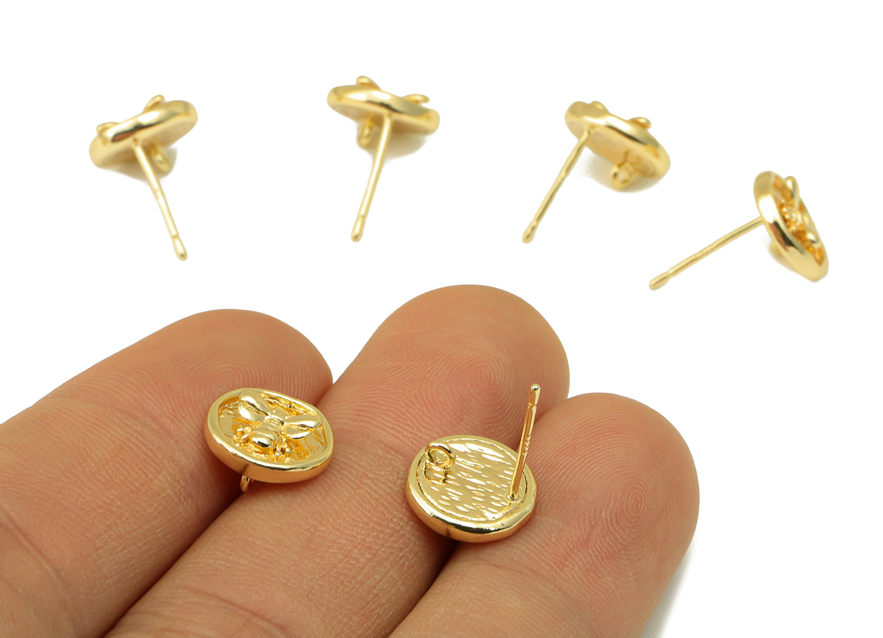 Brass Round Earring Stud - Brass Bee Hammered Post - Cubic Bee Earring Post- Insect Earring Post -18K Real Gold Plated -10x10.5x3mm-RGP6519 - DOMEDBAZAAR