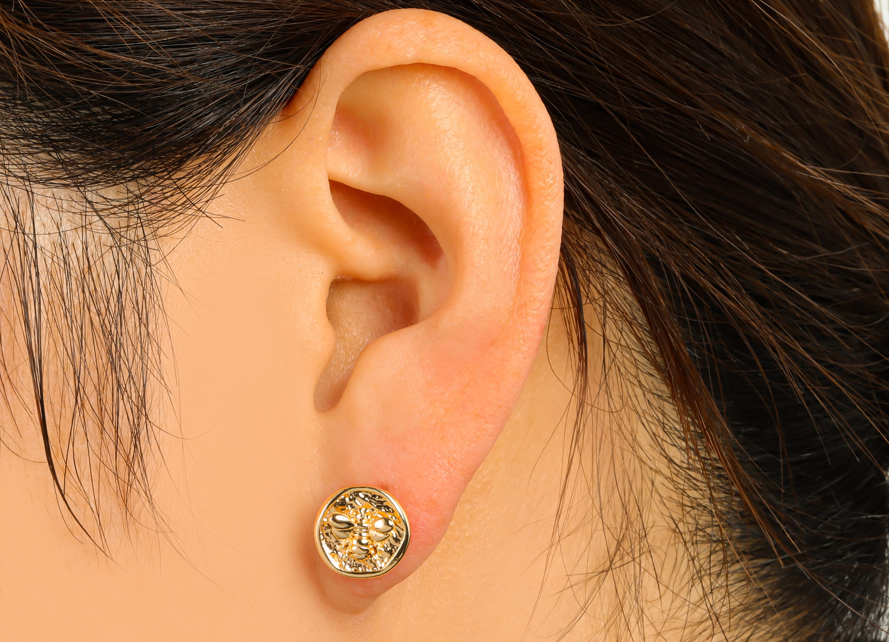 Brass Round Earring Stud - Brass Bee Hammered Post - Cubic Bee Earring Post- Insect Earring Post -18K Real Gold Plated -10x10.5x3mm-RGP6519 - DOMEDBAZAAR
